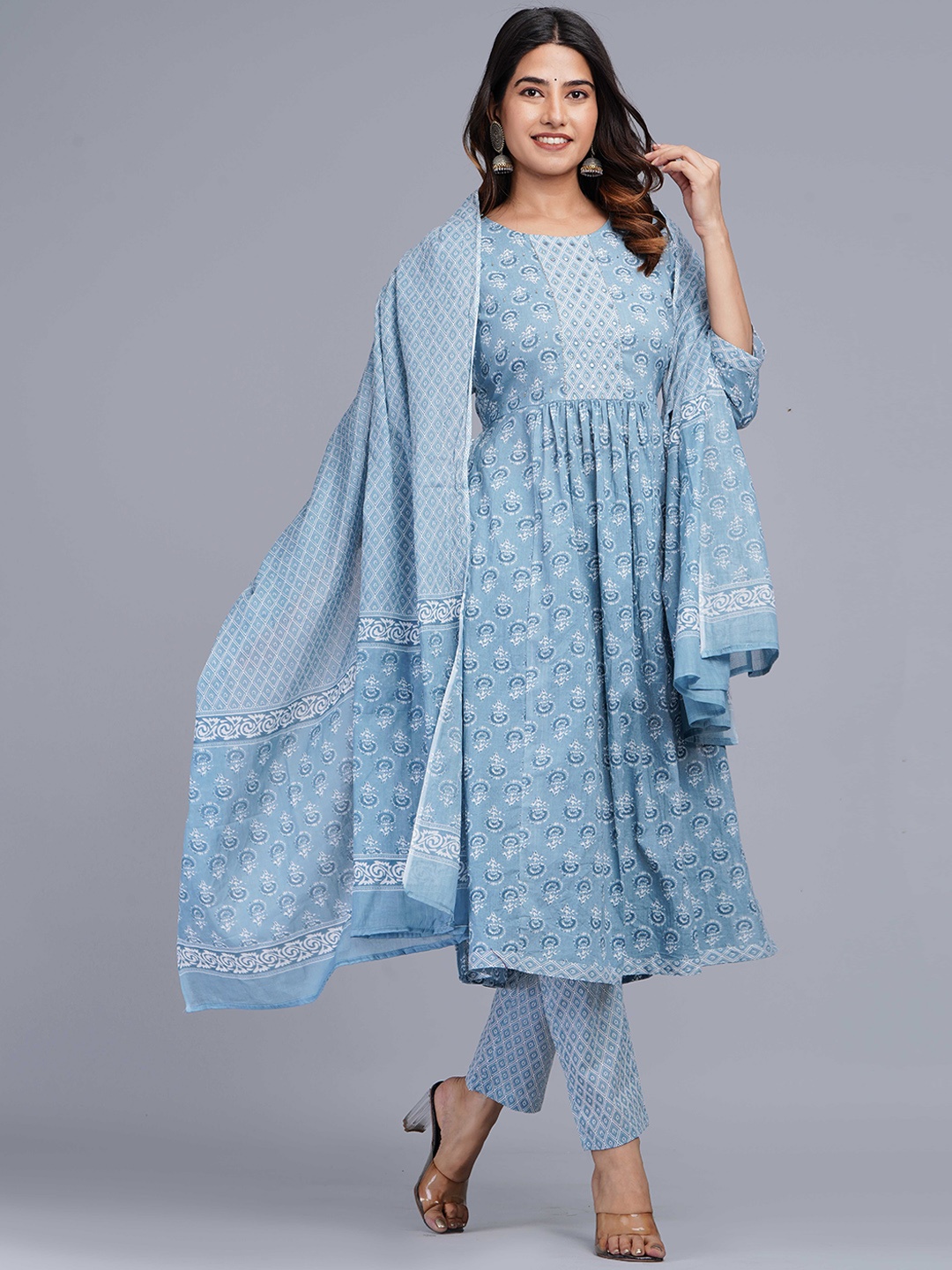

Mishree Collection Ethnic Motifs Pure Cotton Pleated A-Line Kurta With Trousers & Dupatta, Blue