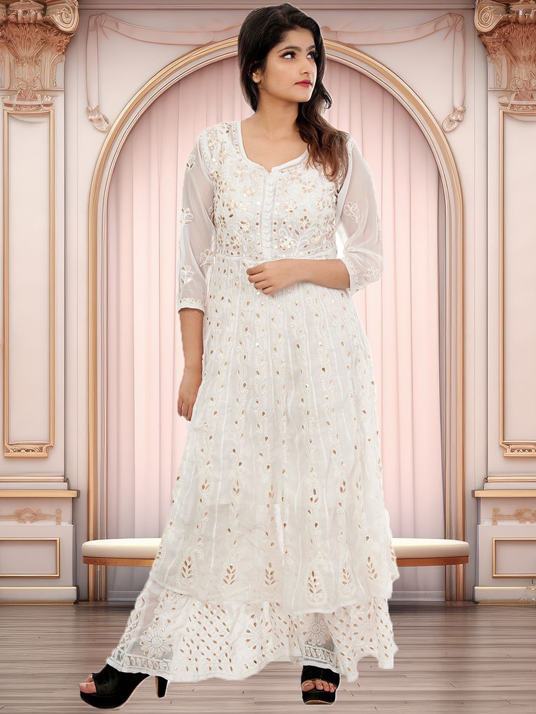 

ADR CHIKAN Floral Embroidered Gotta Patti Georgette Anarkali Kurta With Sharara, White