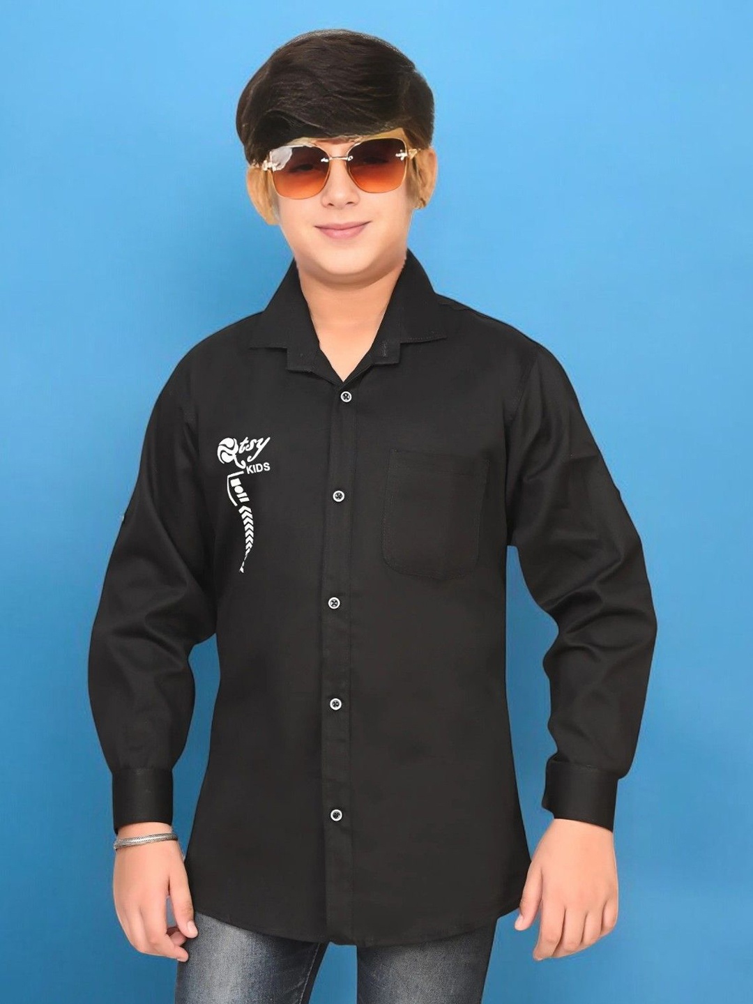 

Eliq Boys Original Spread Collar Graphic Printed Cotton Casual Shirt, Black