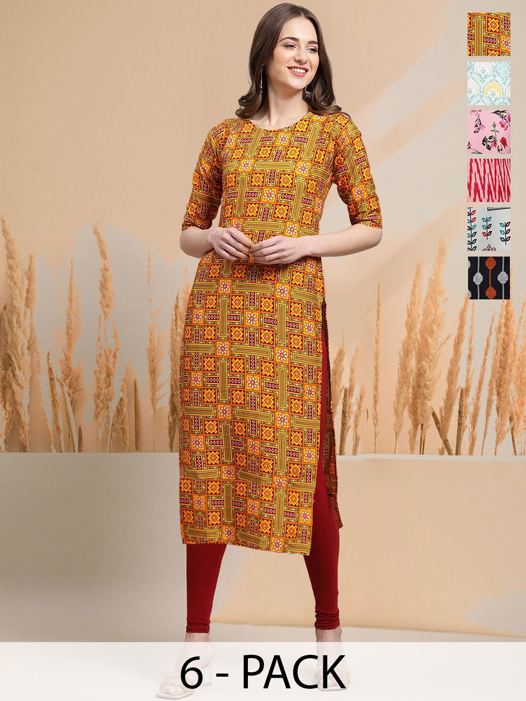 

7Threads Selection of 6 Geometric Printed Round Neck Straight Kurtas, Red