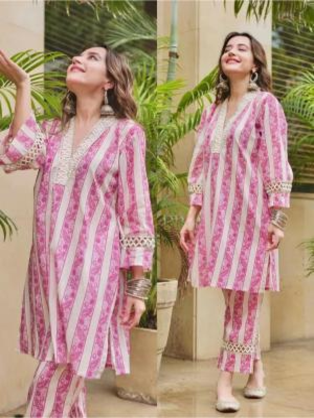 

Lookmark Floral Printed V-Neck Straight Tunic With Trousers, Pink