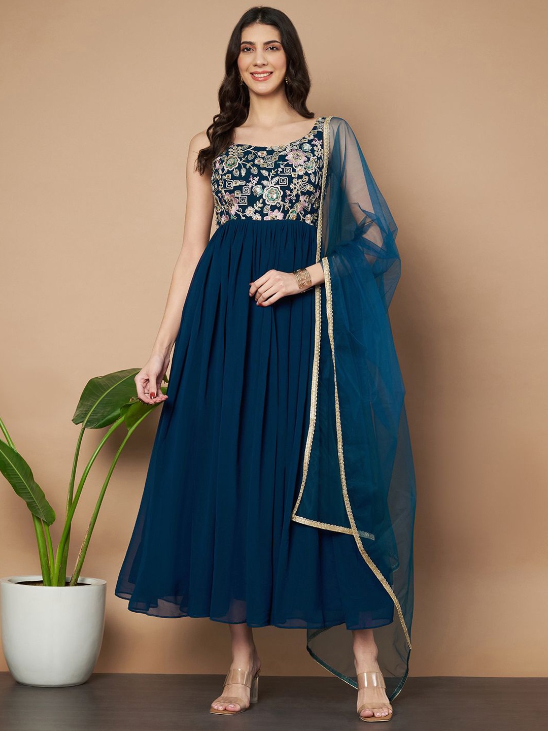 

flaher Sequined Embroidered Gown With Dupatta, Navy blue