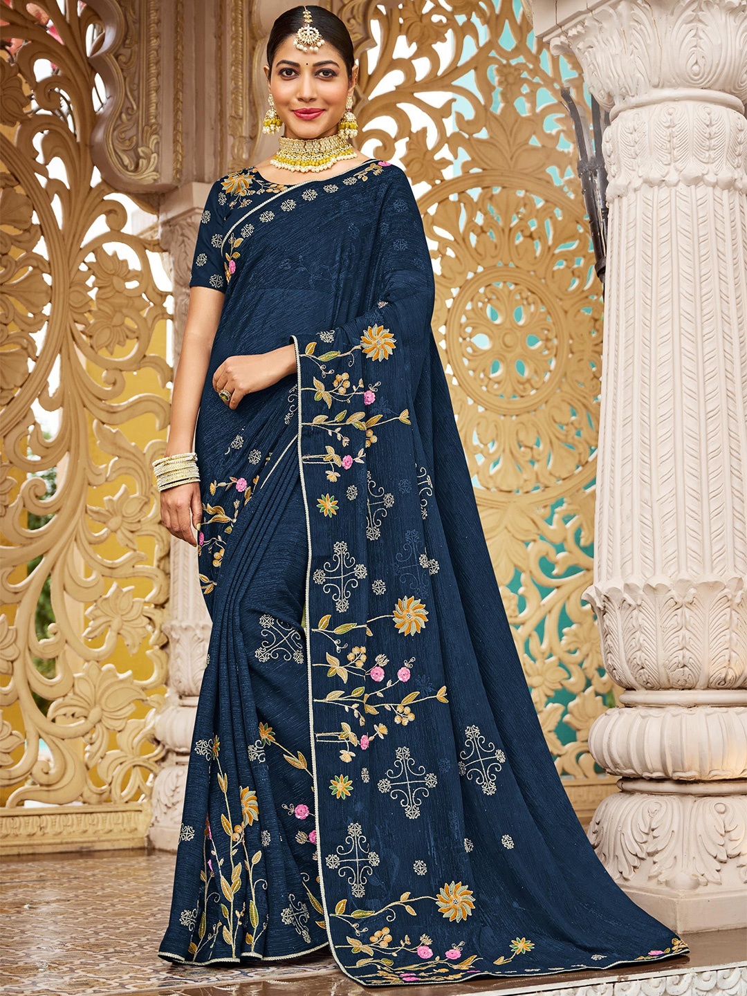 

Laxmipati Floral Embroidered Saree, Teal