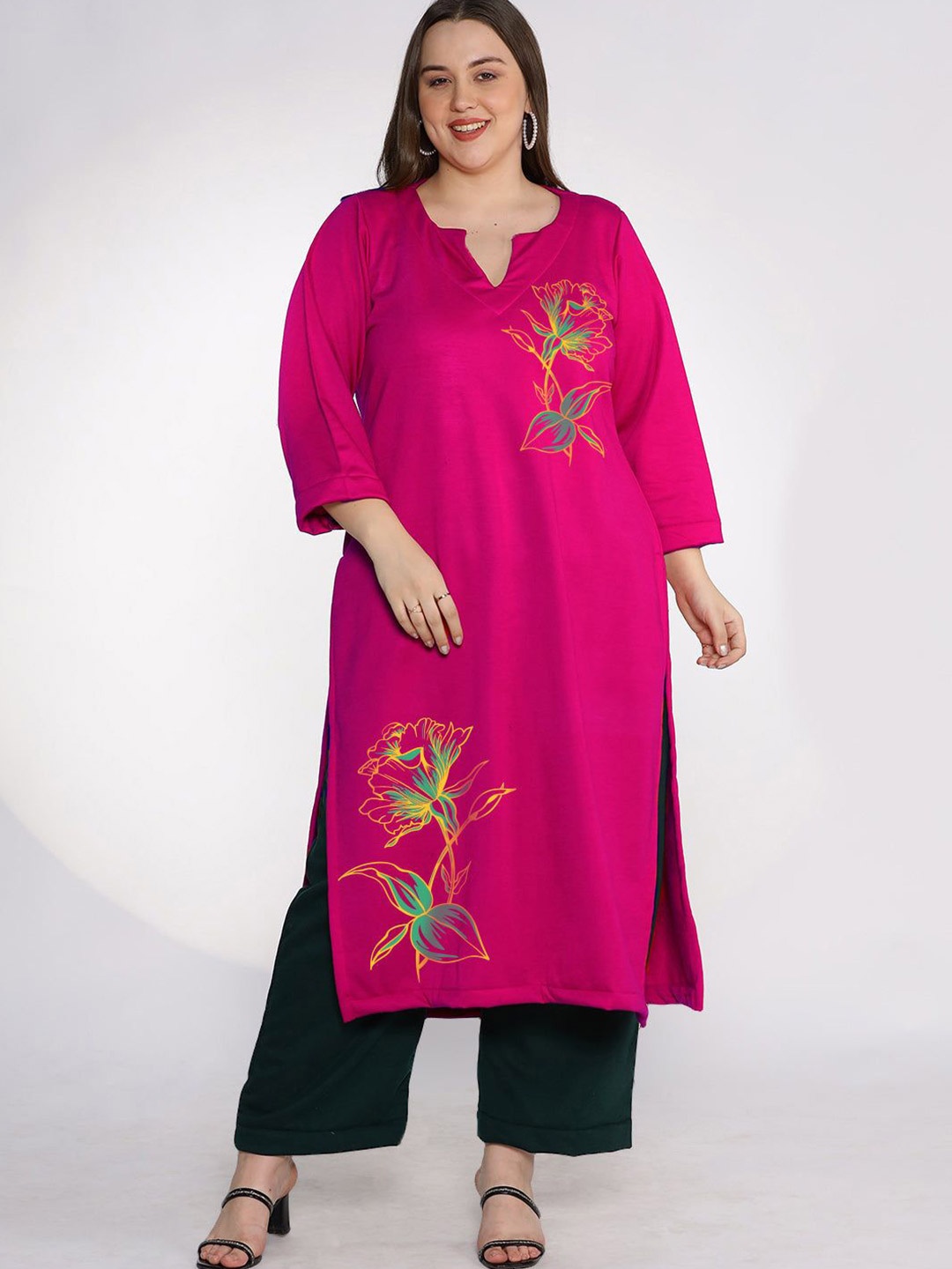 

LetsDressUp Plus Size Floral Printed Round Neck Fleece Straight Kurta, Magenta