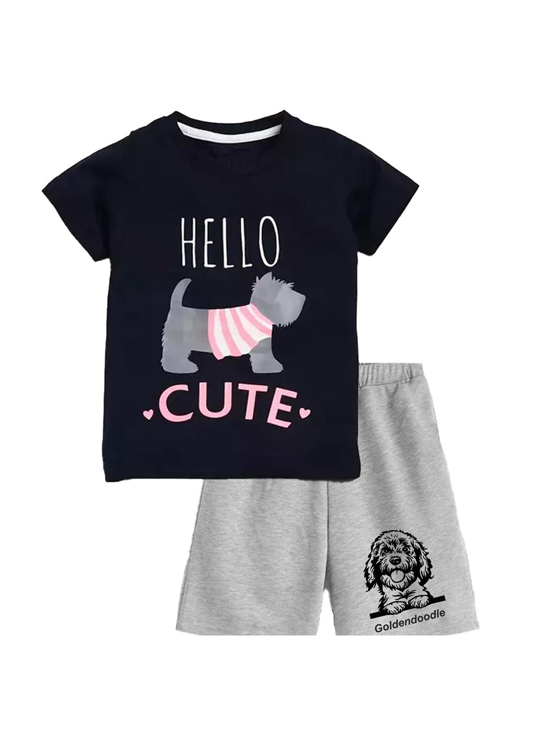 

BILLYBALL Kids Printed Round Neck Pure Cotton T-Shirt With Shorts, Navy blue