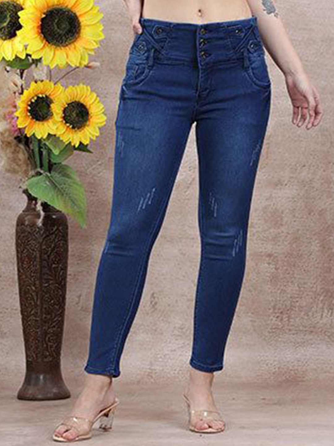 

FREYAA Women Skinny Fit Low Distress Light Fade Jeans, Navy blue