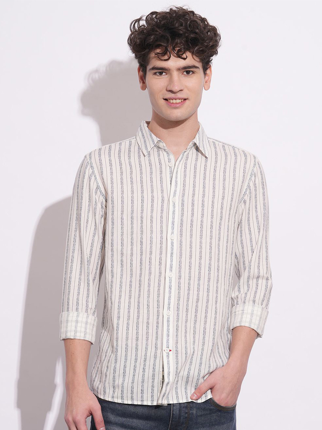 

Being Human Men Classic Slim Fit Spread Collar Vertical Striped Cotton Casual Shirt, White