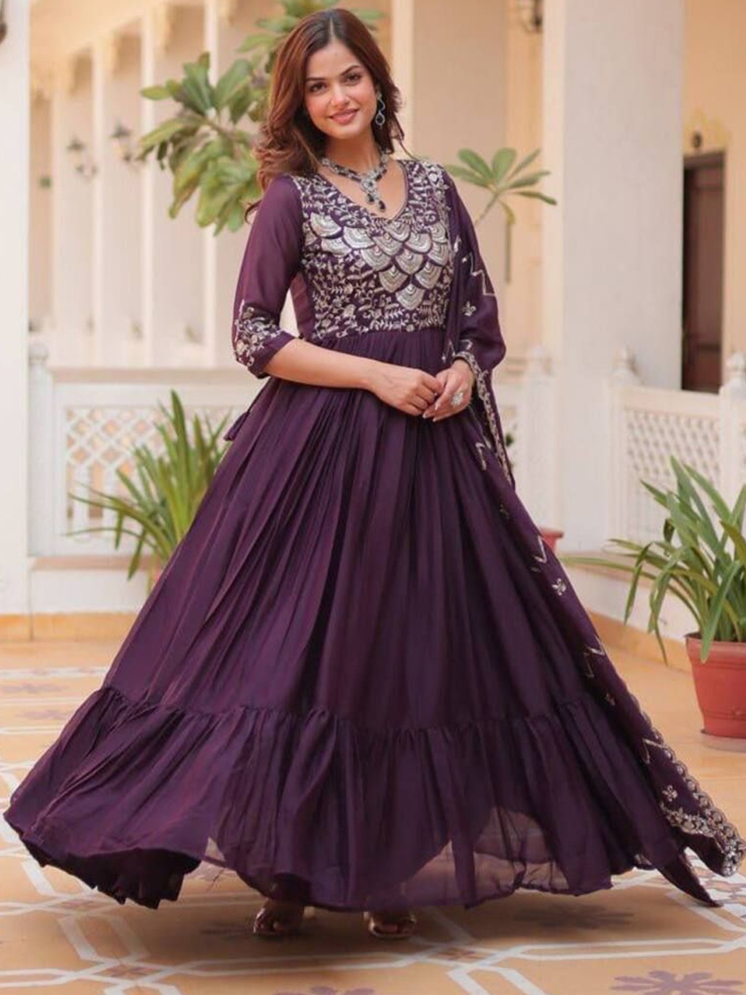 

KALINI Women Floral Embroidered Thread Work Georgette Anarkali Kurta, Purple