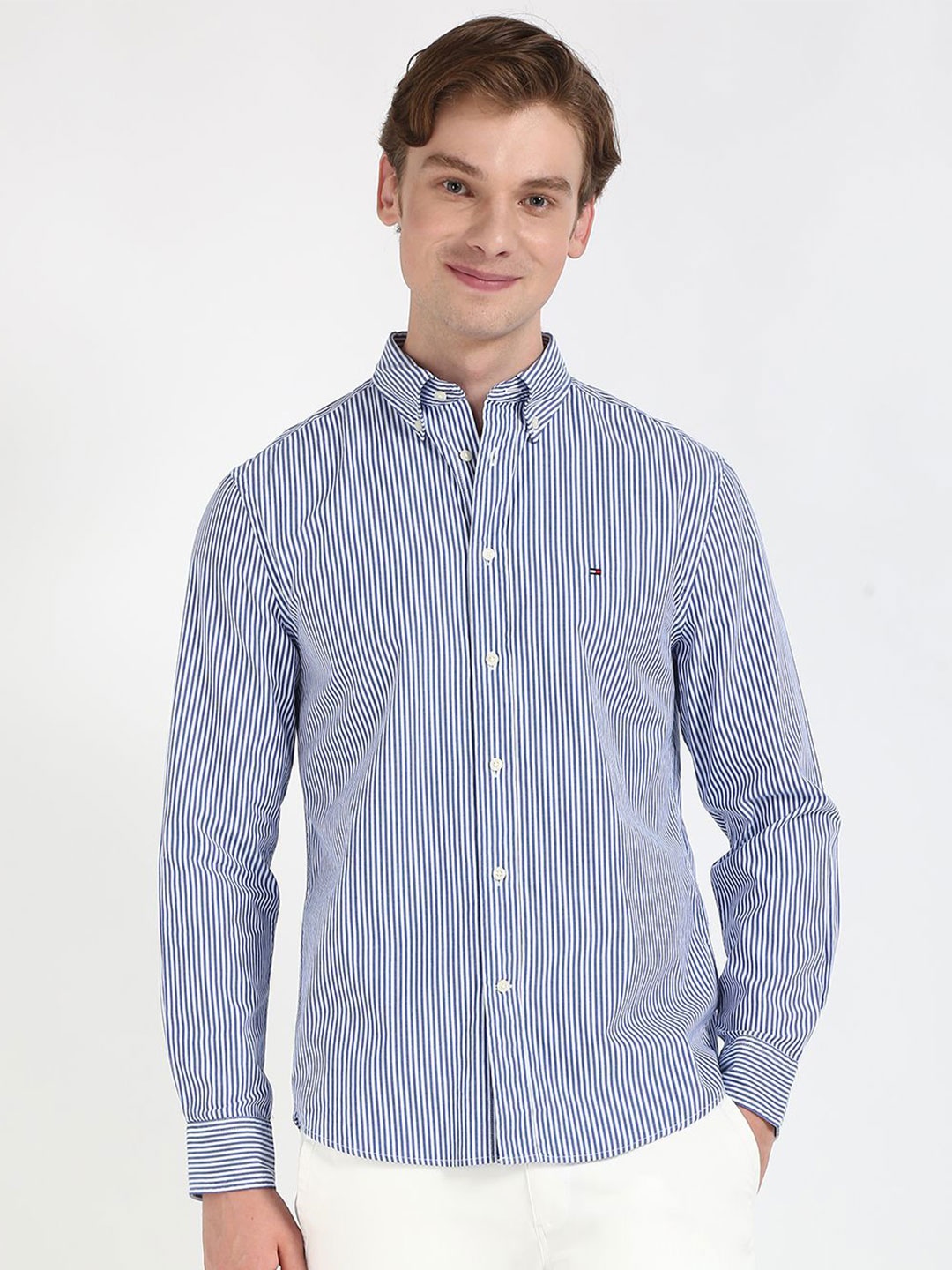 

Tommy Hilfiger Men Button-Down Collar Vertical Striped Cotton Casual Shirt, Blue