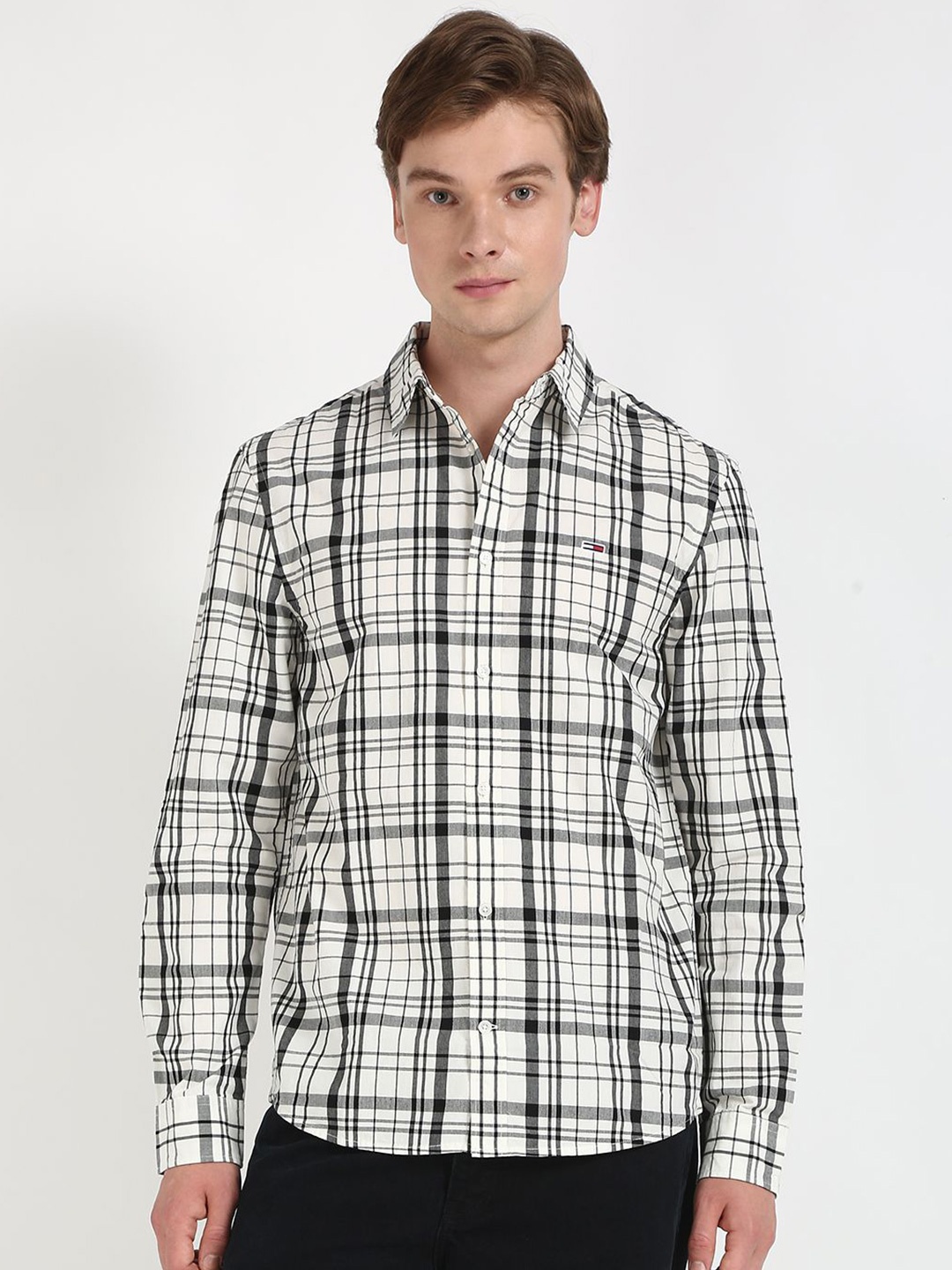 

Tommy Hilfiger Men Spread Collar Tartan Checked Cotton Casual Shirt, White