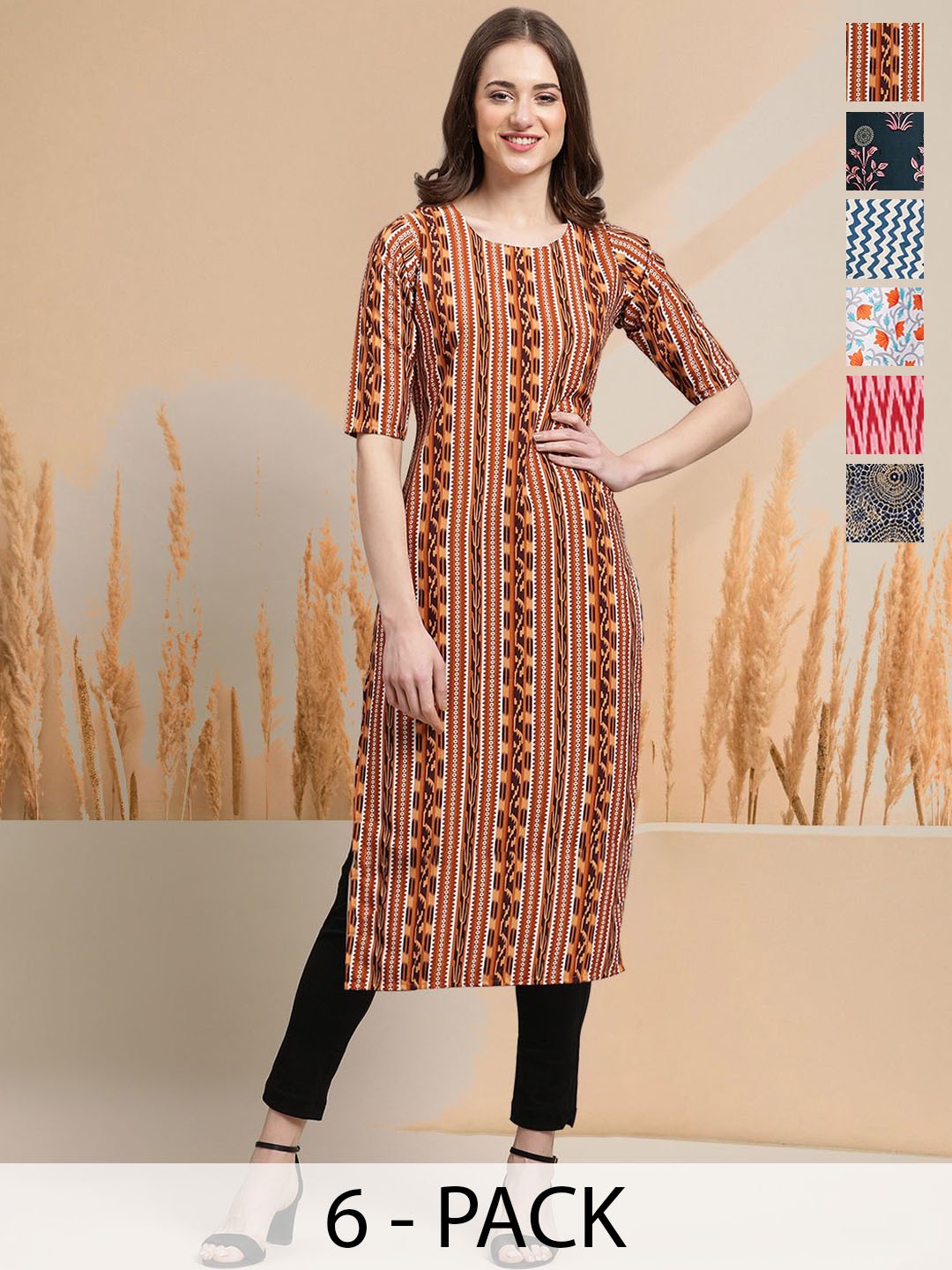 

7Threads Selection Of 6 Geometric Printed Round Neck Straight Kurtas, Brown