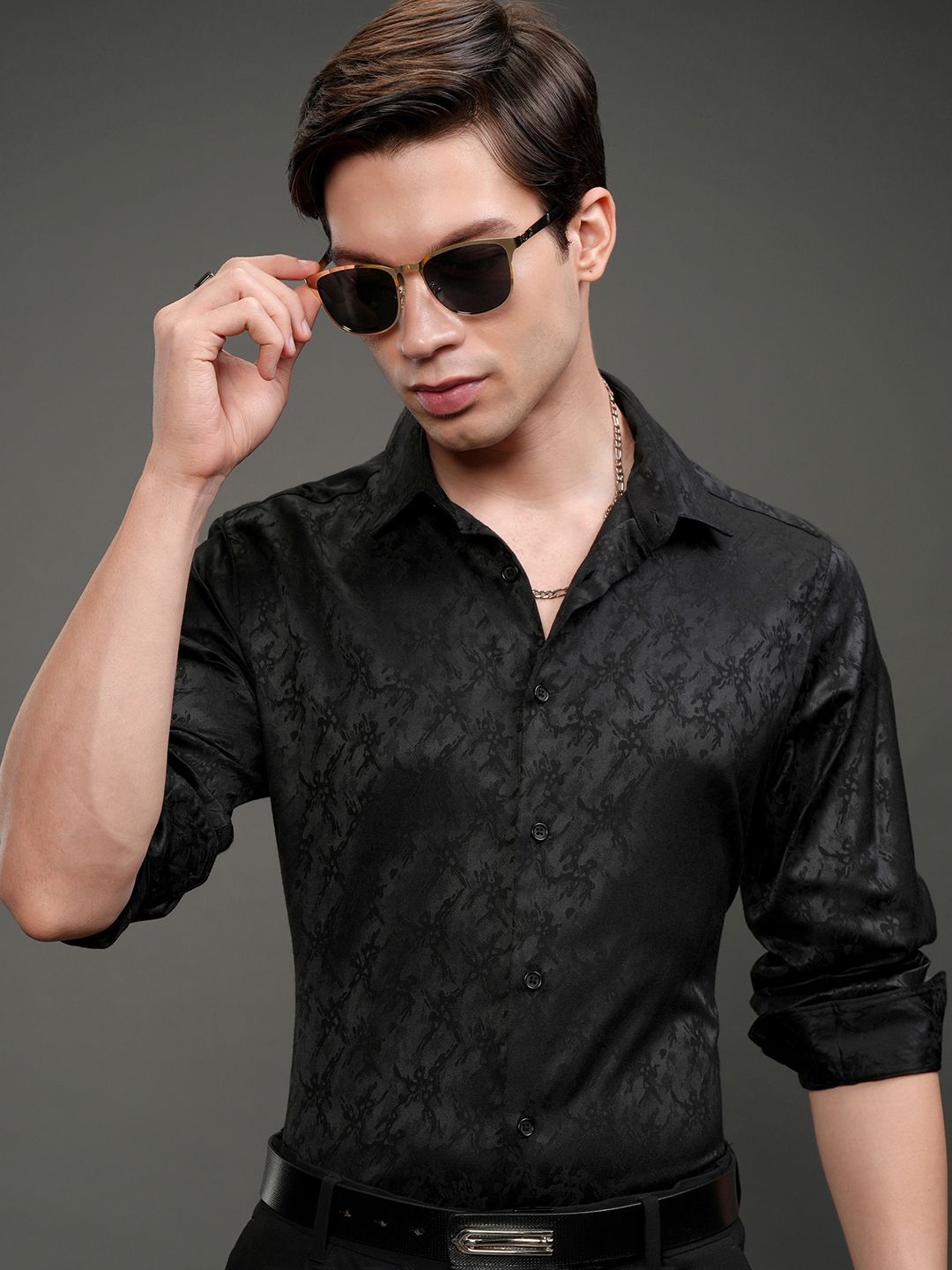 

HIGHLANDER Men Slim Fit Design Spread Collar Textured Cotton Formal Shirt, Black