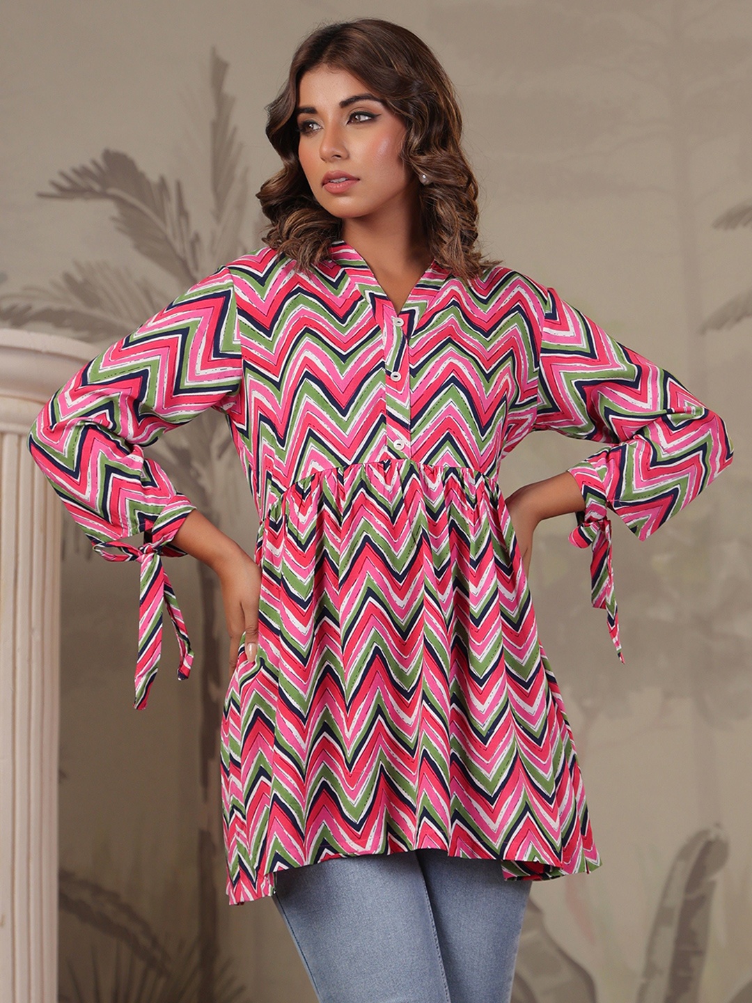 

Rain & Rainbow Women Geometric Print Mandarin Collar Pure Cotton Empire Top, Pink