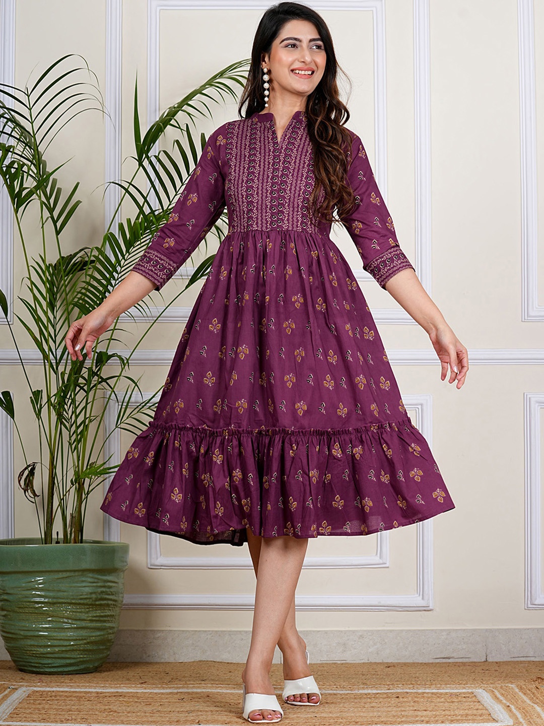 

MF ERA Women Floral Printed Fit and Flare Pure Cotton Ethnic Dress, Purple