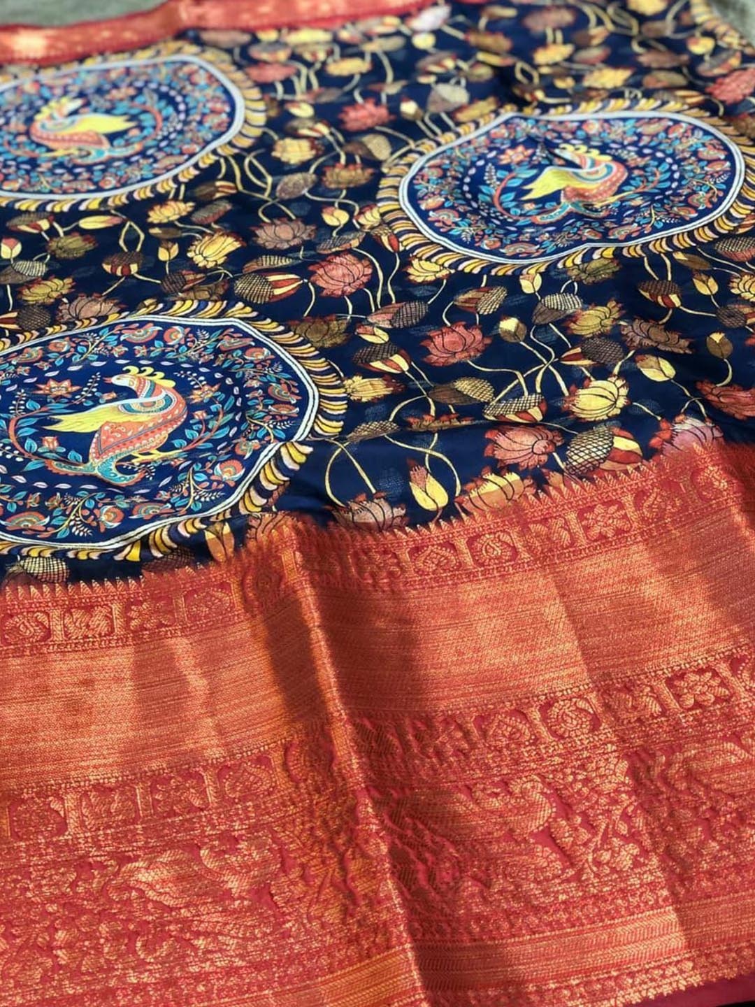 

ZIBLON Kalamkari Zari Kanjeevaram Saree, Blue