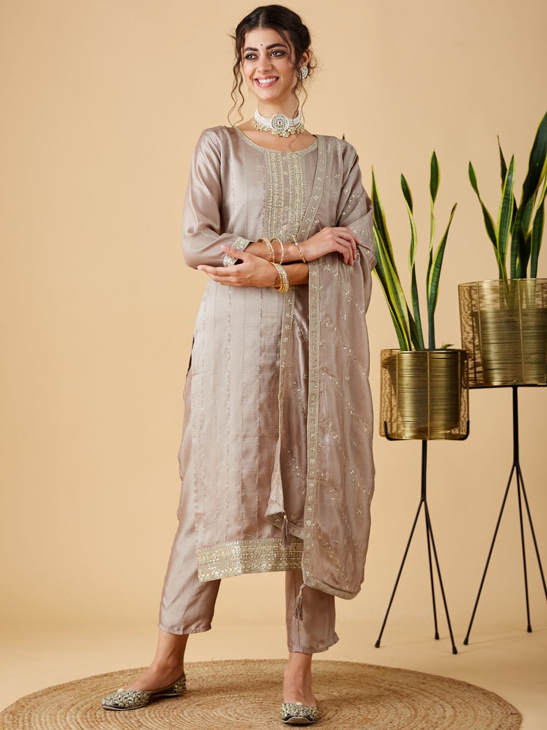 

MOKOSH Floral Embroidered Straight Kurta With Trousers And Dupatta, Beige