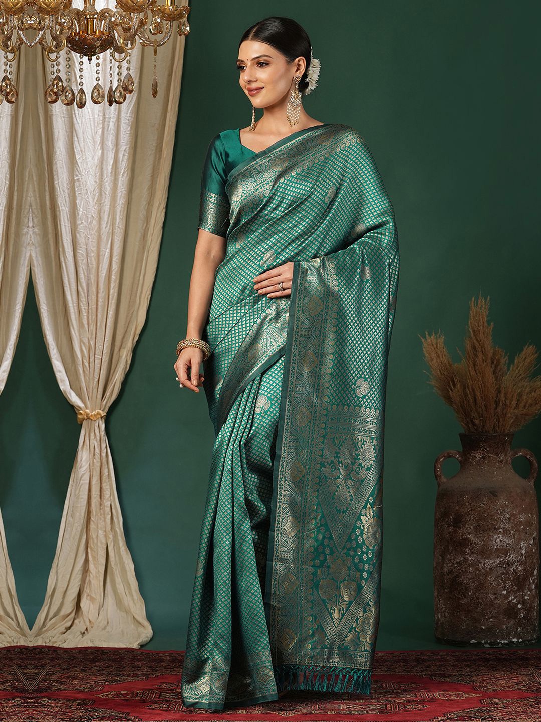 

KALINI Ethnic Motifs Zari Banarasi Saree, Green