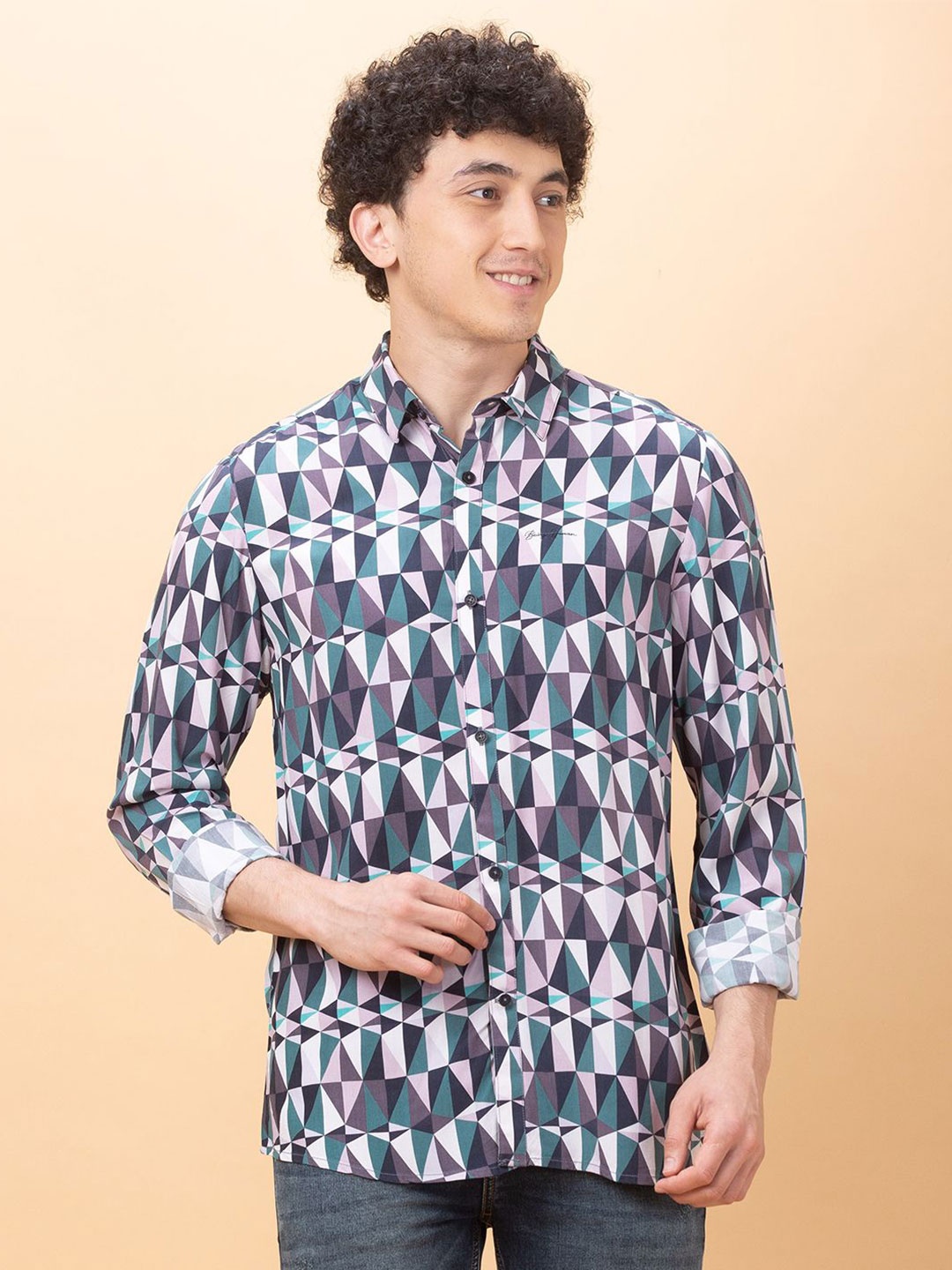 

Being Human Men Classic Fit Spread Collar Geometric Printed Cotton Casual Shirt, Blue