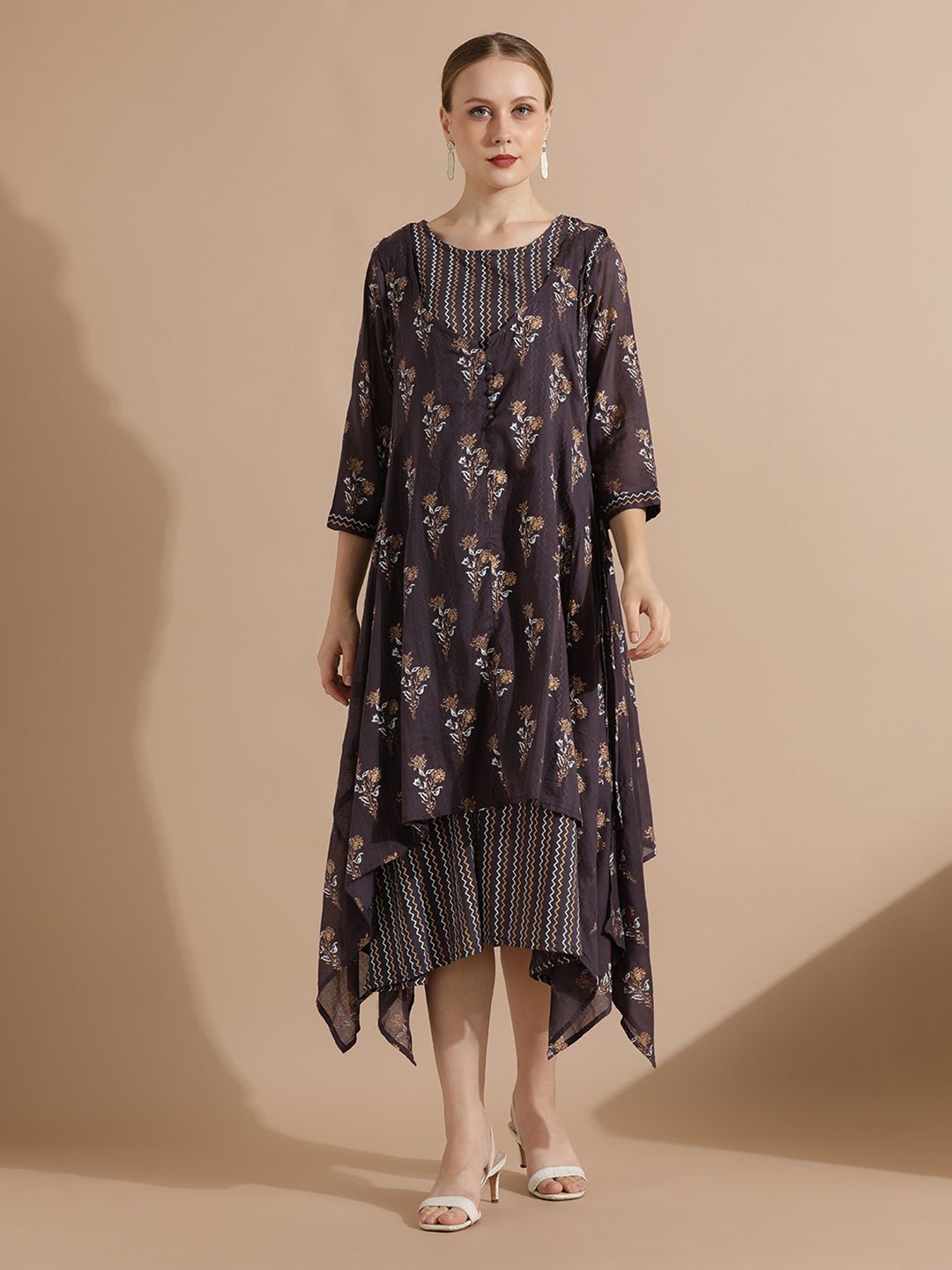 

STYLEBAAZI Floral Printed Cotton A-Line Midi Dress, Grey