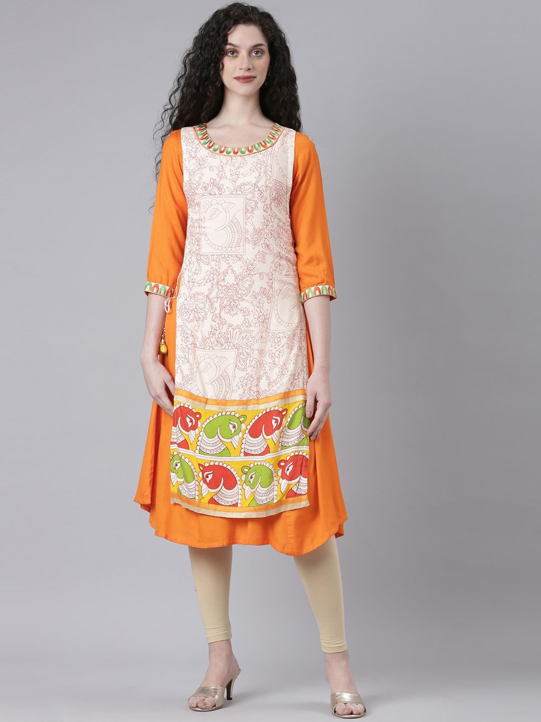 

Souchii Ethnic Motifs Printed Round Neck A-Line Kurta, Orange