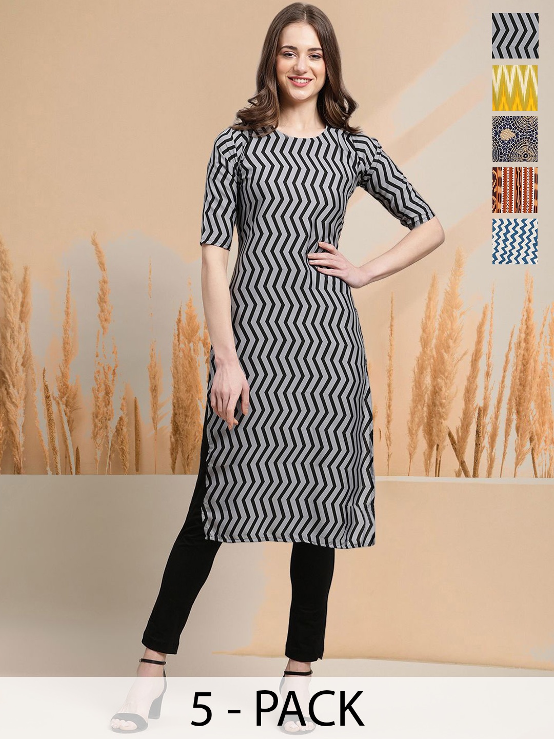 

7Threads Selection Of 5 Chevron Printed Round Neck Straight Kurtas, Grey