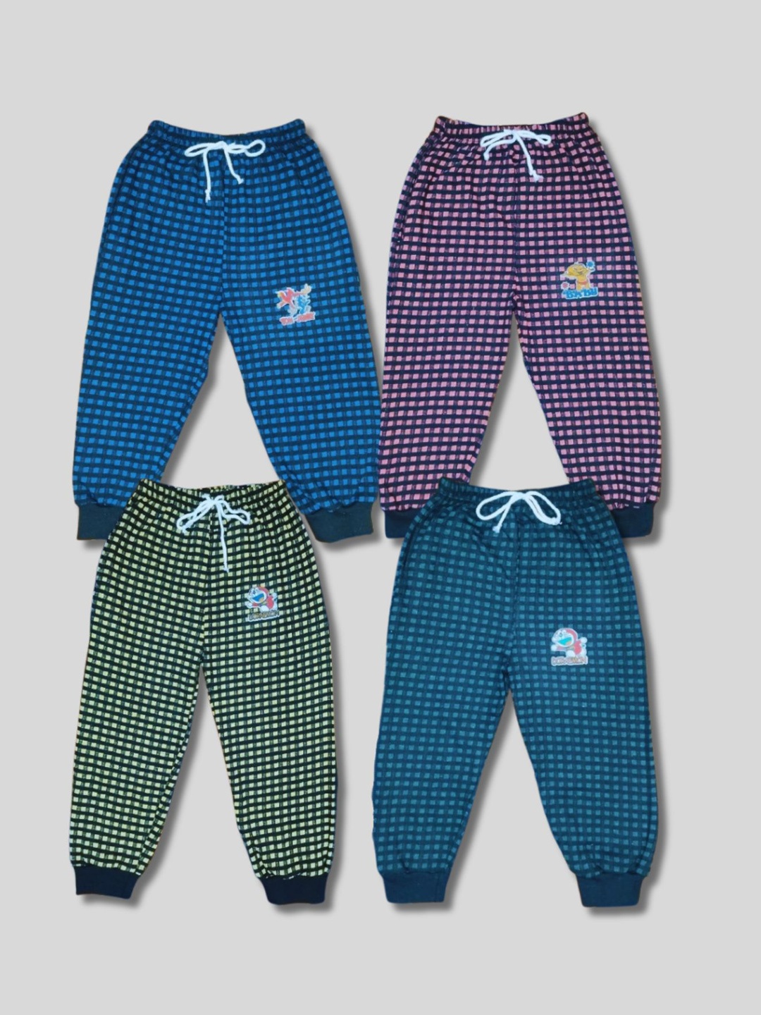 

Seyor Kids Pack Of 4 Cotton Checked Ankle Length Joggers, Blue