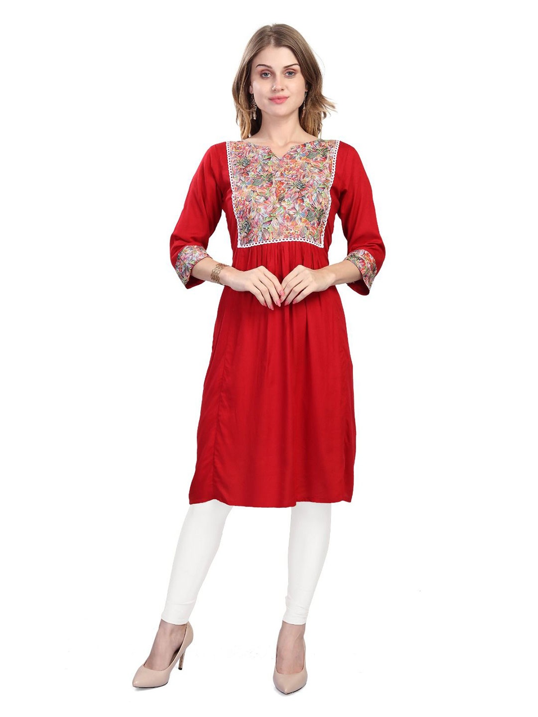 

Krimmple Women Floral Yoke Design Floral Kurta, Red