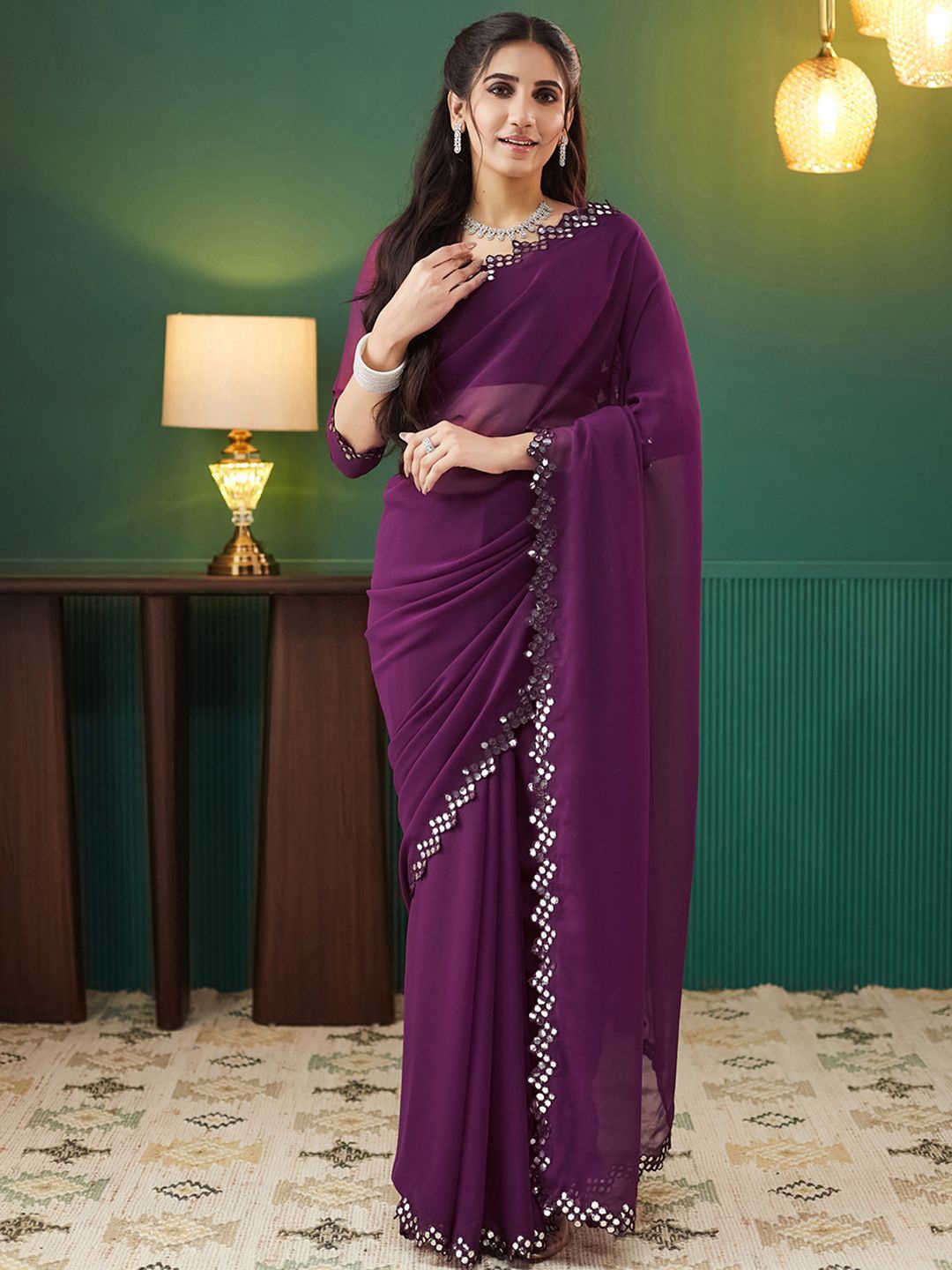 

KALINI Mirror Work Pure Georgette Saree, Magenta