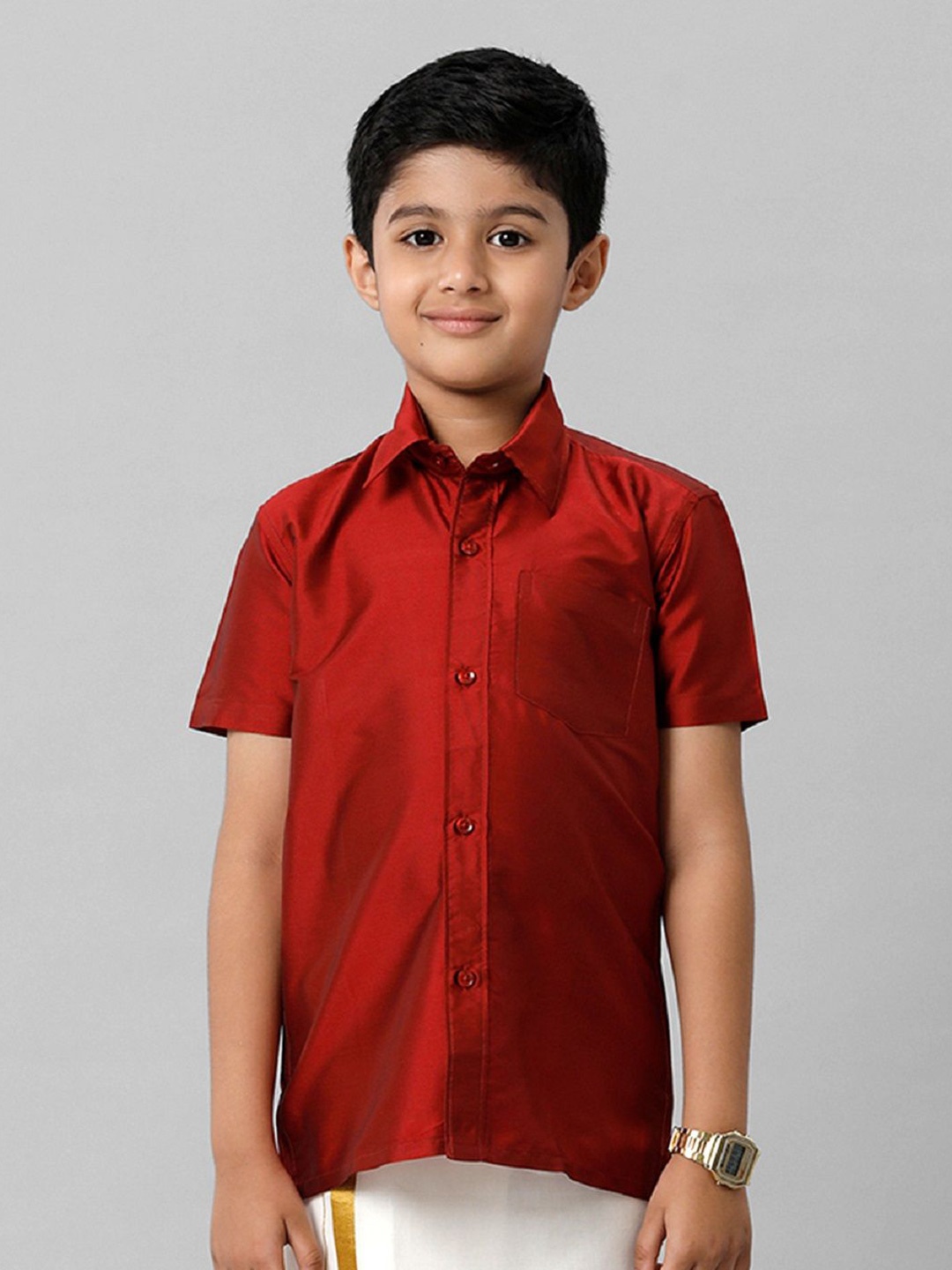 

Ramraj Boys Solid Short Sleeve Shirt With Chest Pocket, Maroon