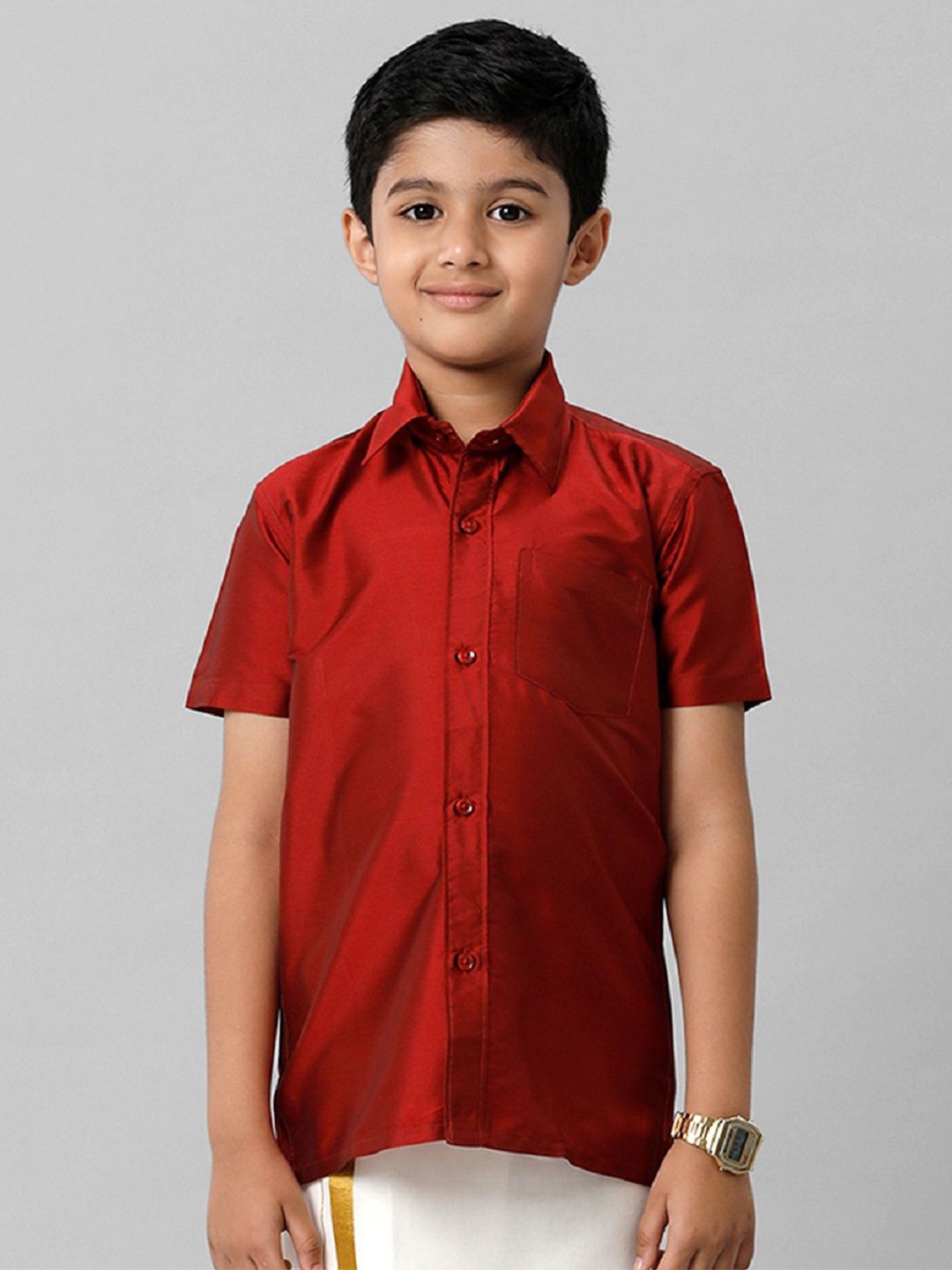

Ramraj Boys Solid Short Sleeve Shirt With Chest Pocket, Maroon
