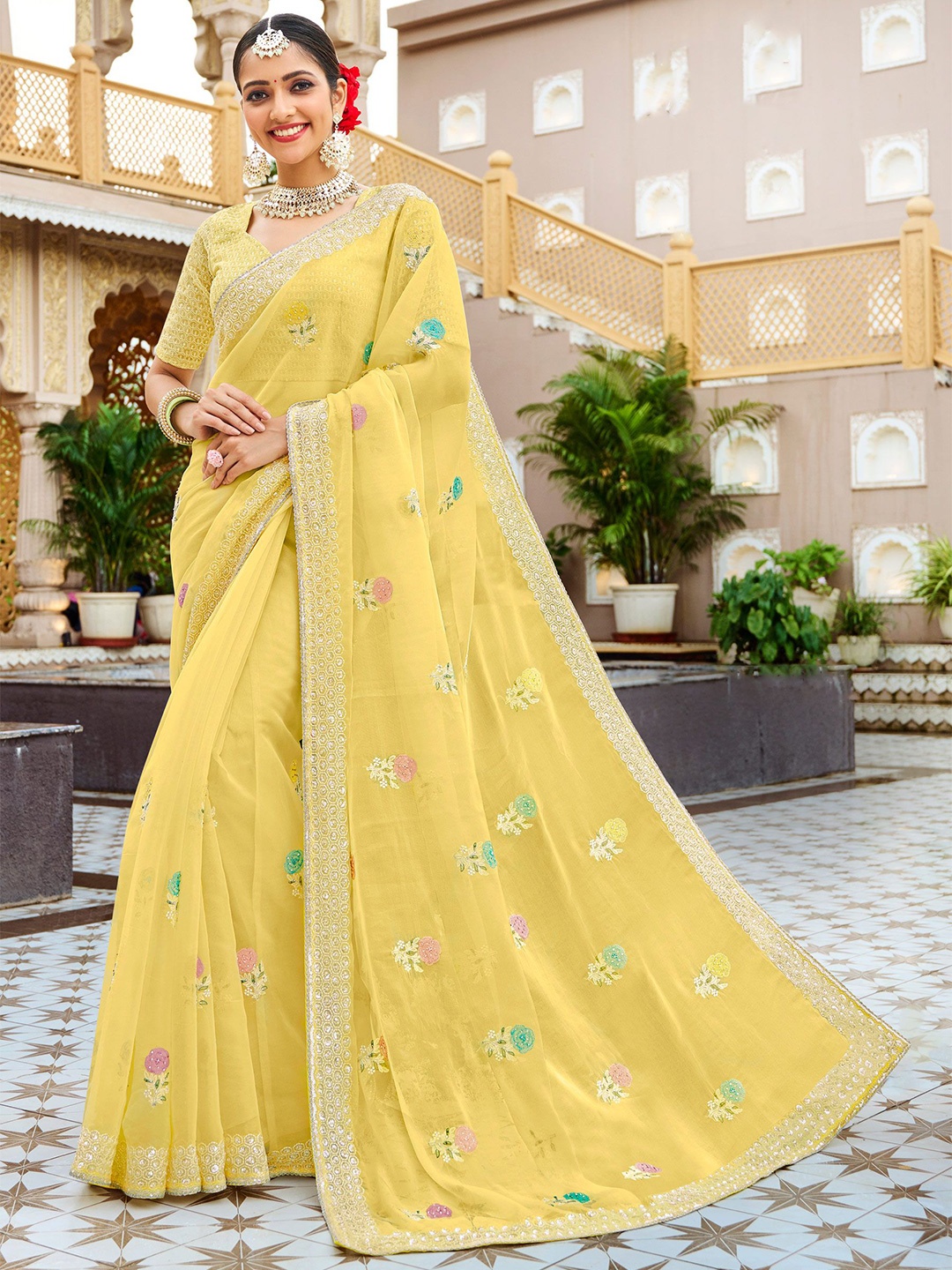 

Laxmipati Floral Embroidered Organza Saree, Yellow