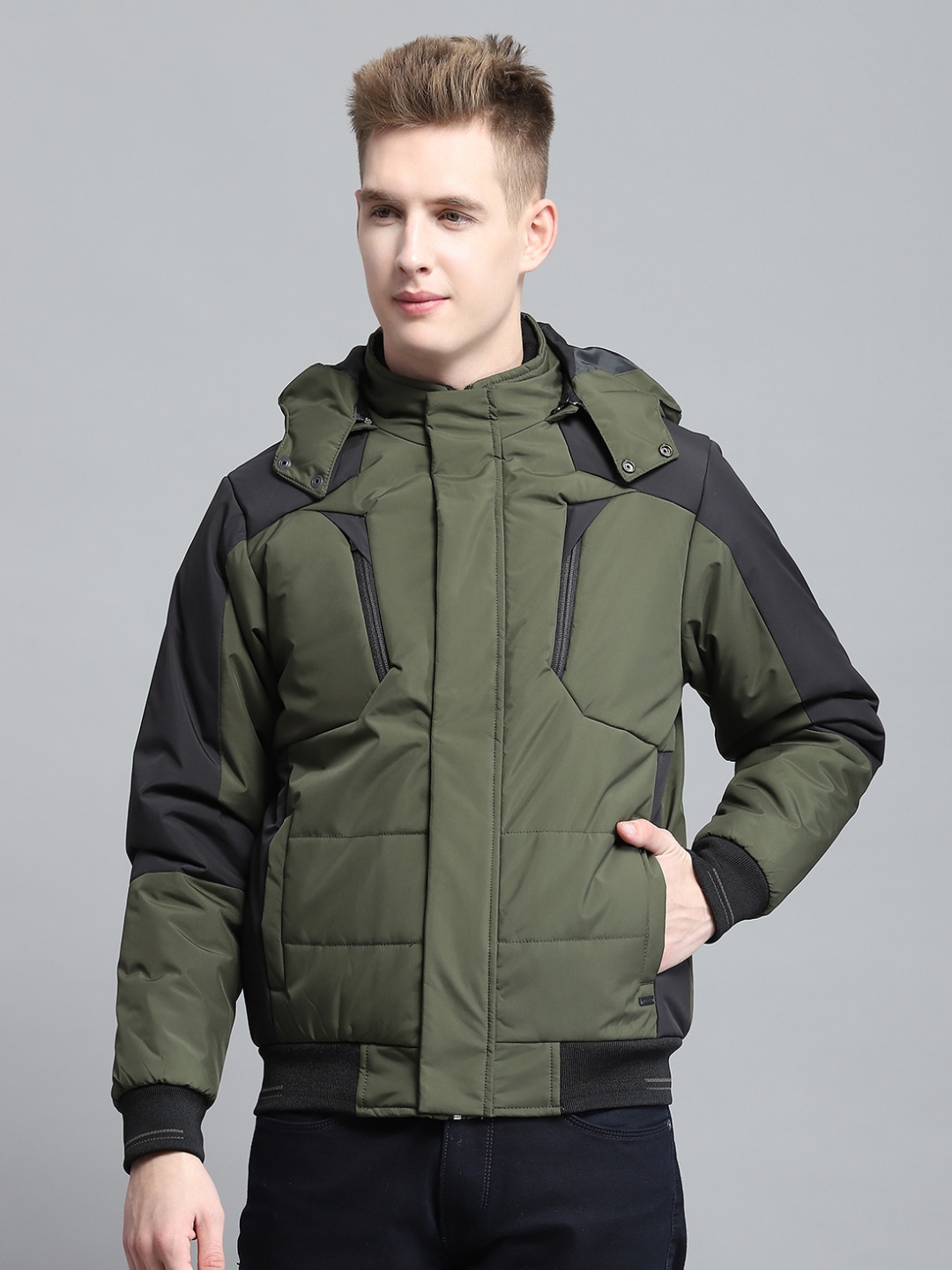 

Monte Carlo Men Colourblocked Detachable Hood Lightweight Bomber Jacket, Olive