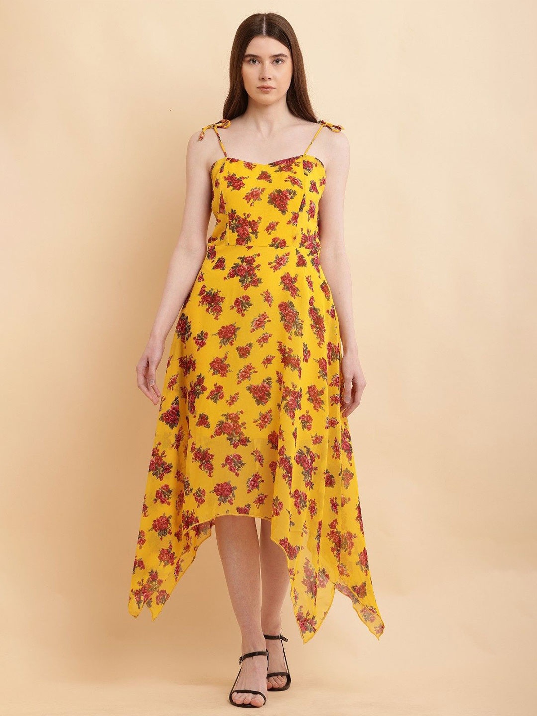 

SHAHVEER CREATION Floral Printed Shoulder Straps Fit & Flare Midi Dress, Yellow