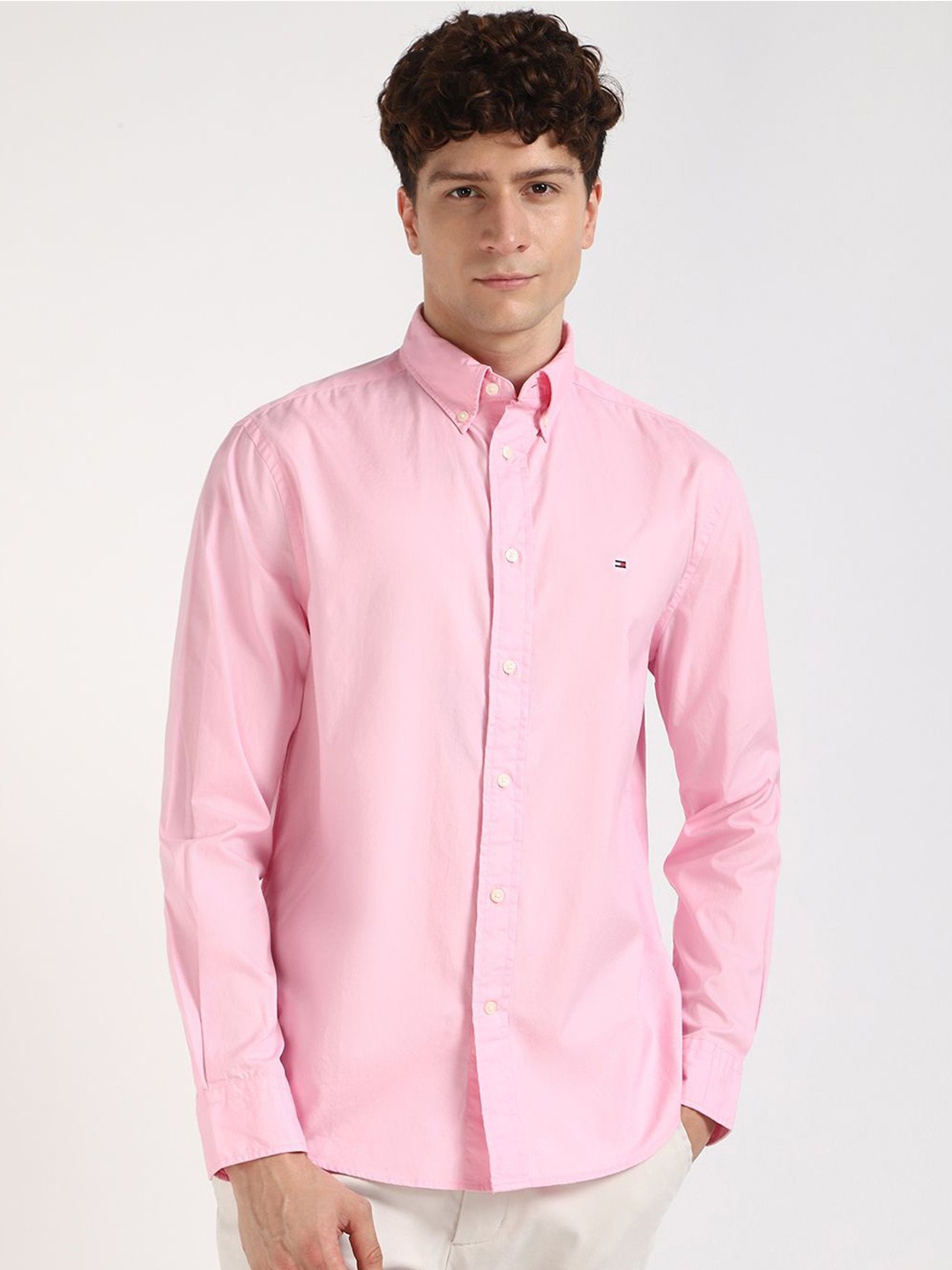 

Tommy Hilfiger Men Button-Down Collar Solid Cotton Casual Shirt, Pink
