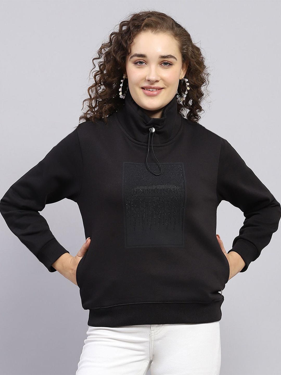 

Monte Carlo Women Printed High Neck Pullover Sweatshirt, Black