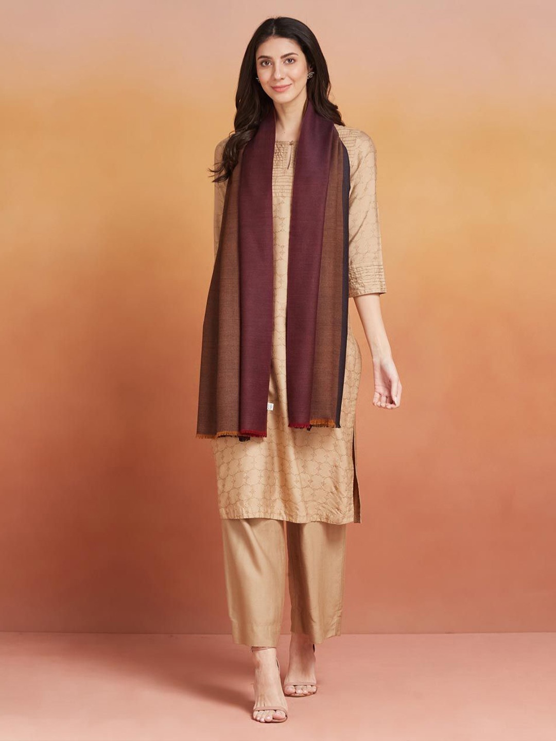 

Fabindia Women Colourblocked Woven Design Wool Stole, Brown