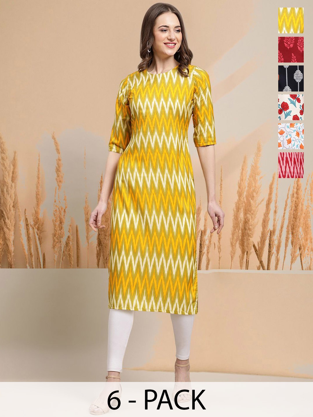 

7Threads Selection Of 6 Chevron Printed Round Neck Straight Kurtas, Yellow