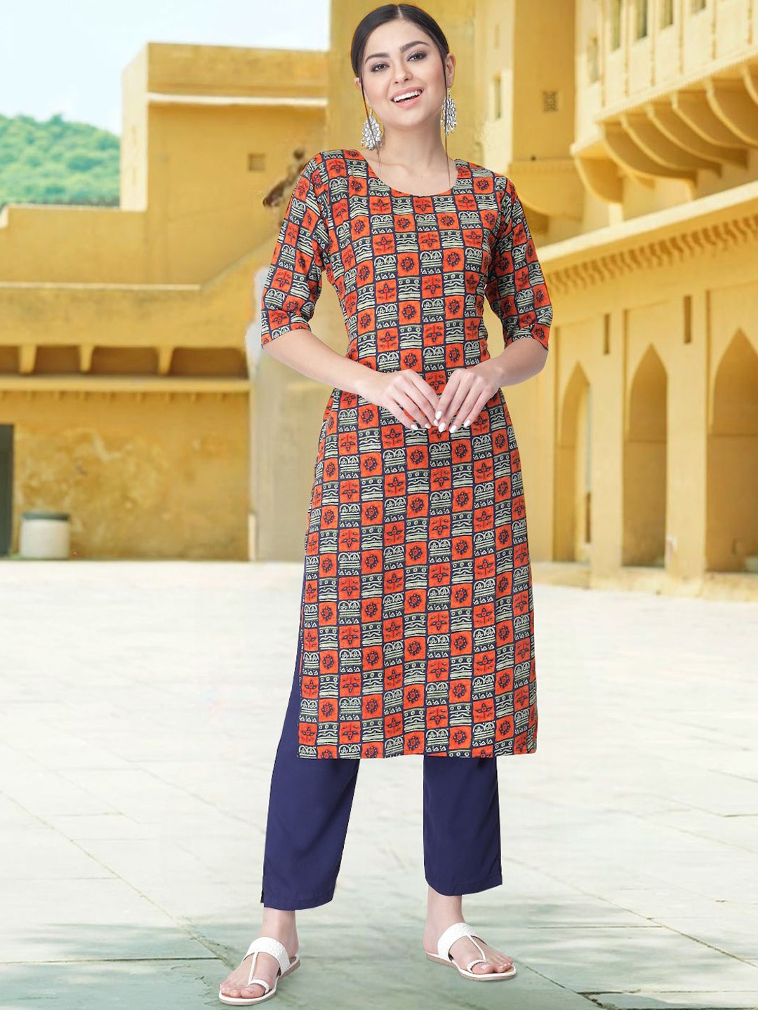 

7Threads Floral Printed Round Neck Straight Kurta With Trousers, Blue