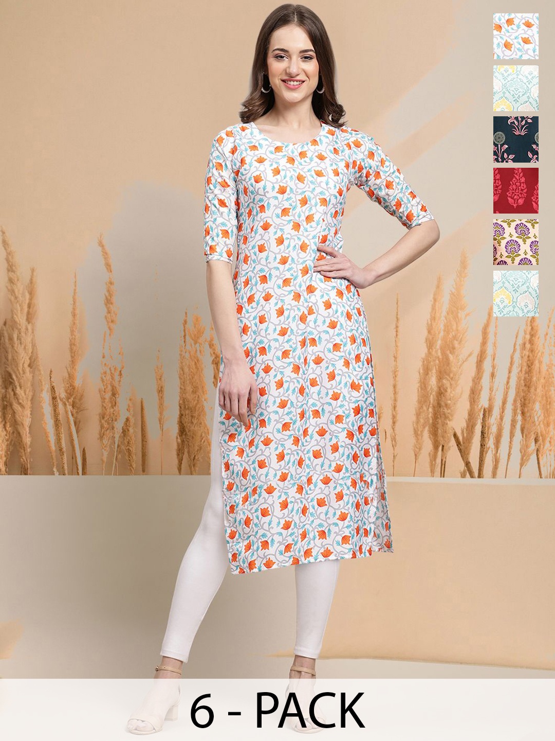 

7Threads Selection Of 6 Floral Printed Straight Kurtas, White