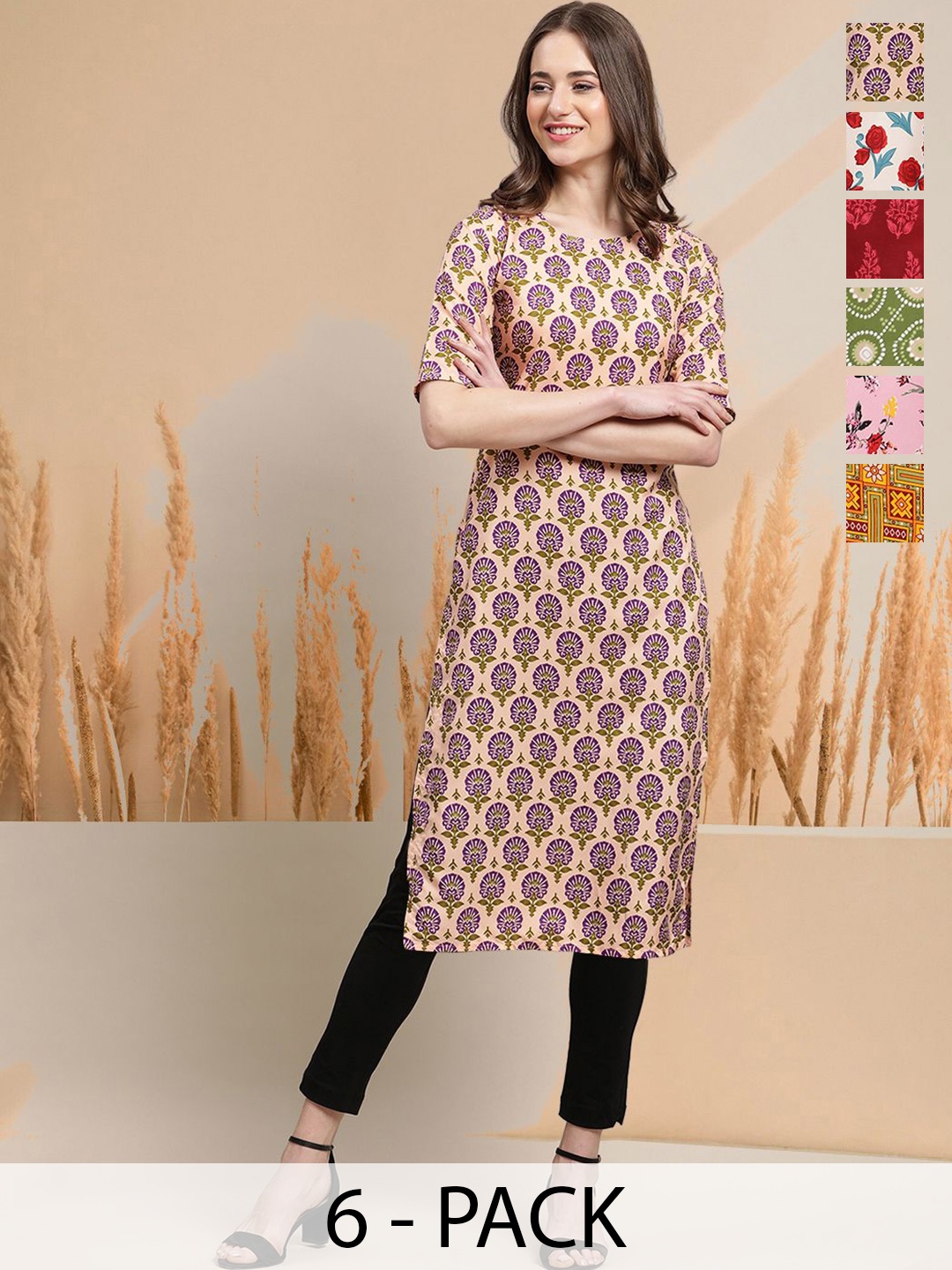 

7Threads Selection Of 6 Floral Printed Round Neck Straight Kurtas, Multi