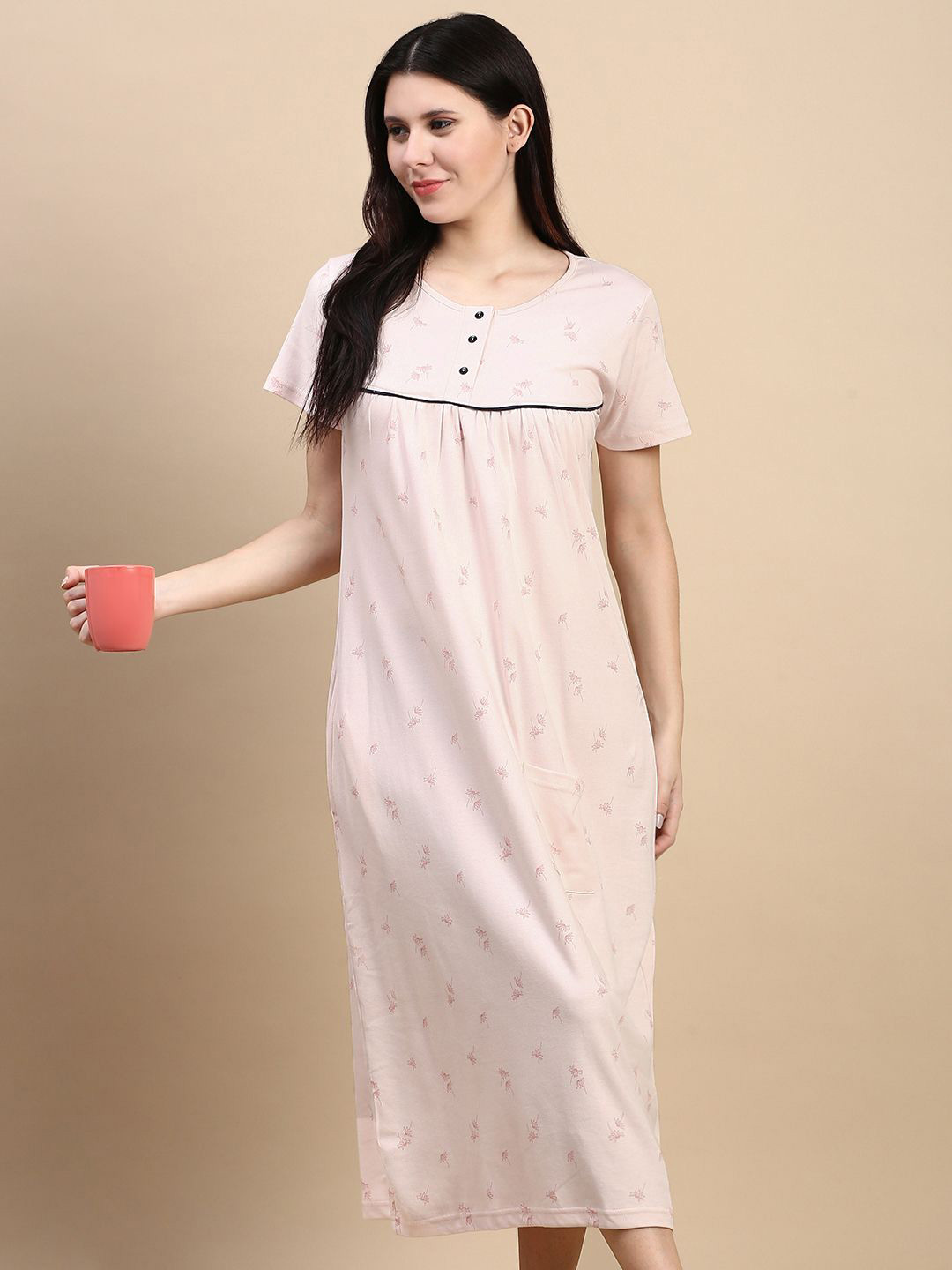 

Kryptic Women Printed Cotton Maxi Nightdress, Pink