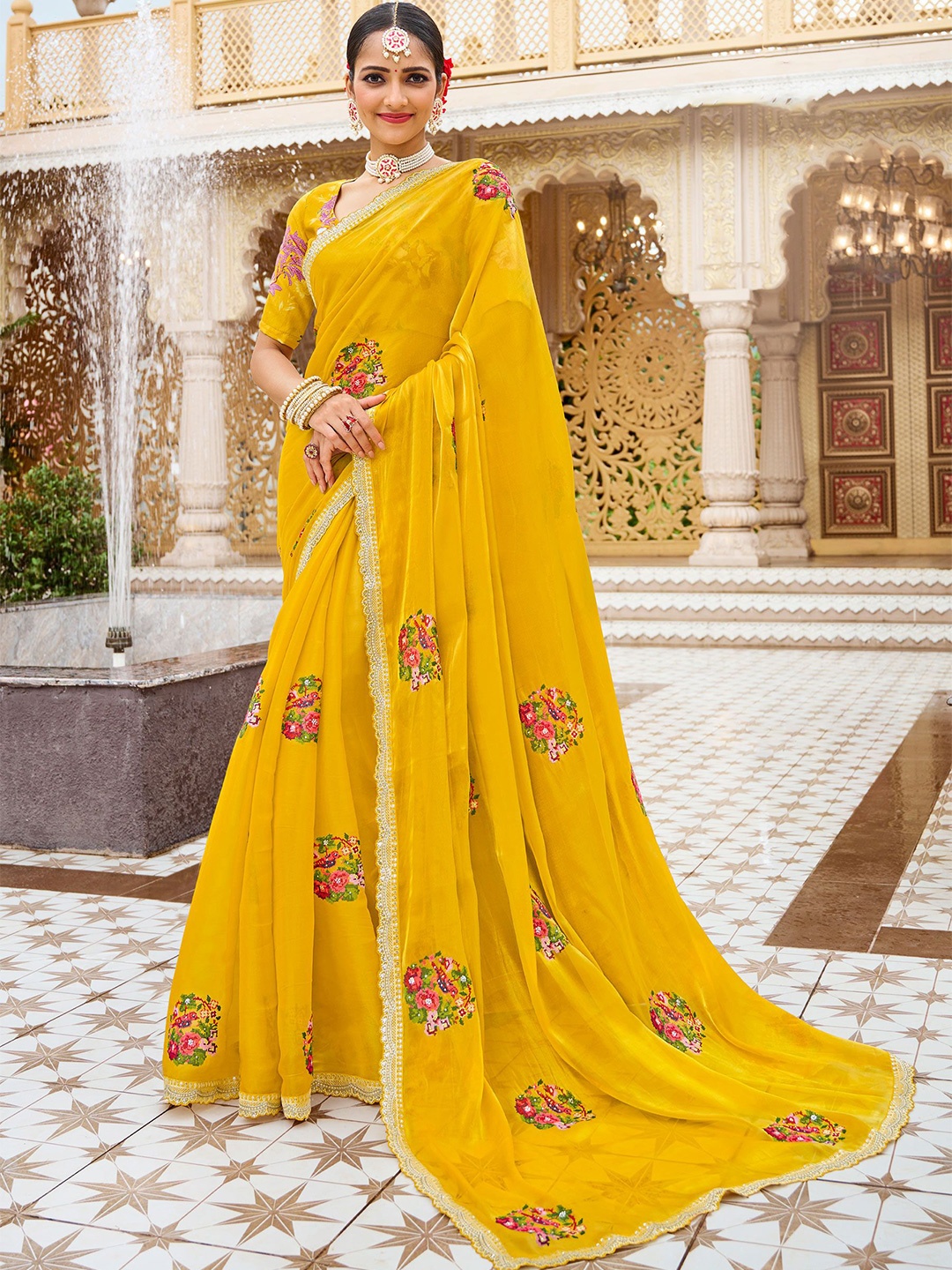 

Laxmipati Floral Embroidered Satin Saree, Mustard