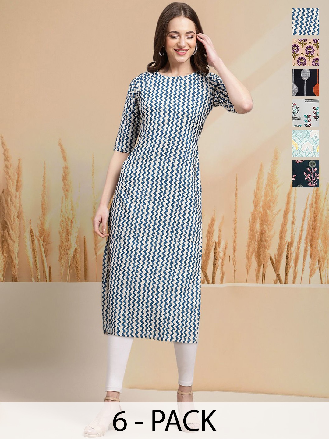 

7Threads Selection Of 6 Chevron Printed Round Neck Straight Kurtas, Blue