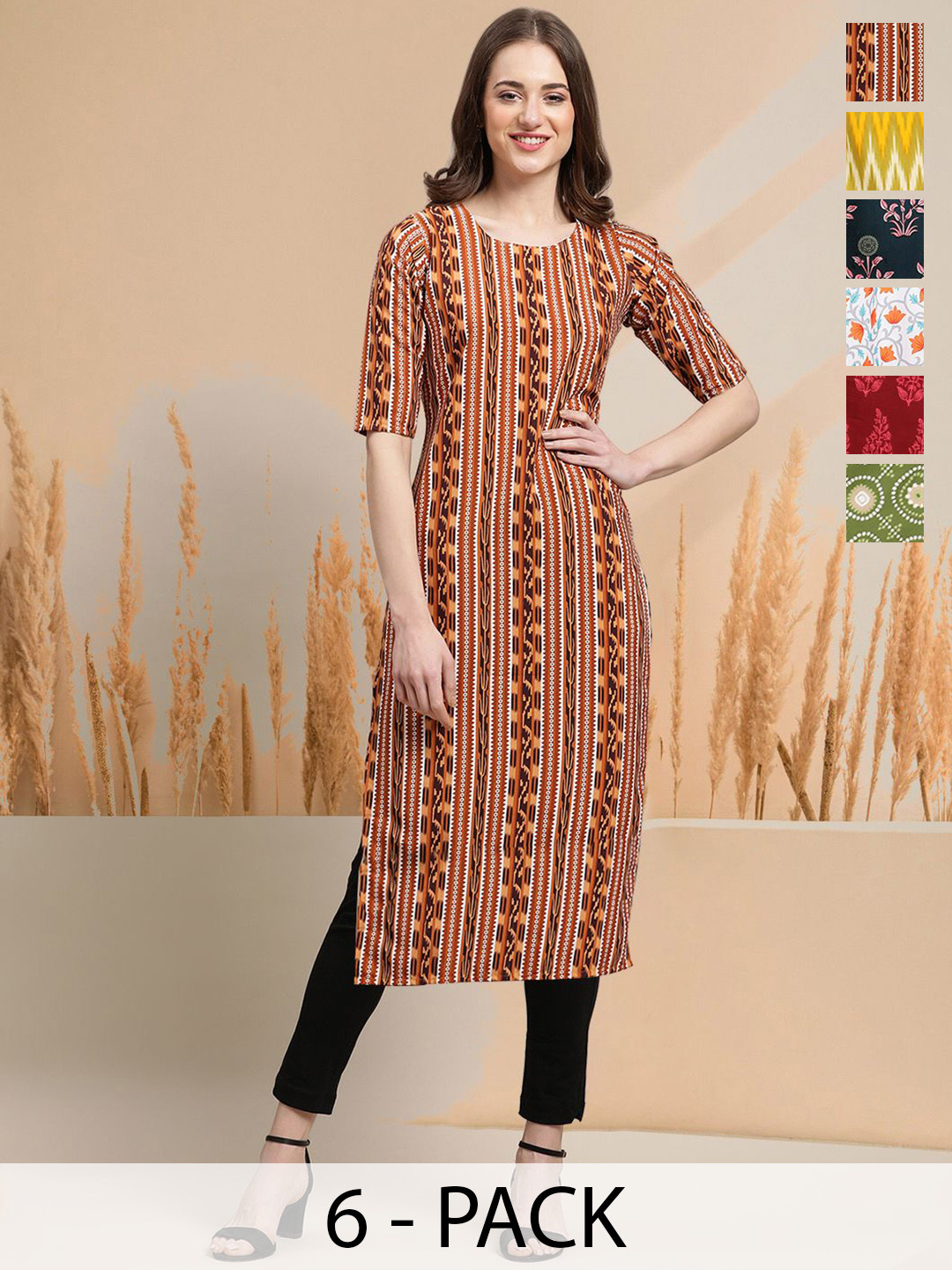 

7Threads Selection of 6 Geometric Printed Round Neck Straight Kurtas, Red