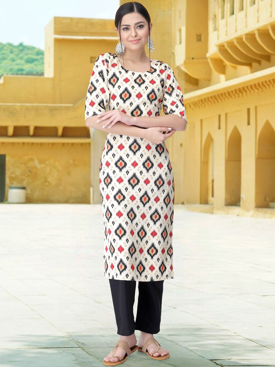 

7Threads Ethnic Motifs Printed Round Neck Straight Kurta With Trousers, White