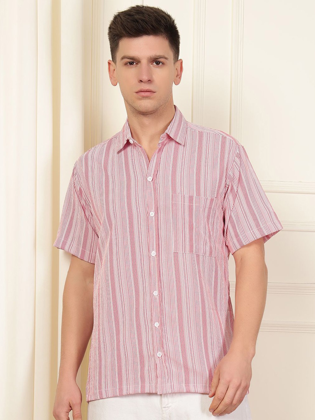 

WOXEN Men Original Fit Spread Collar Vertical Striped Casual Shirt, Red