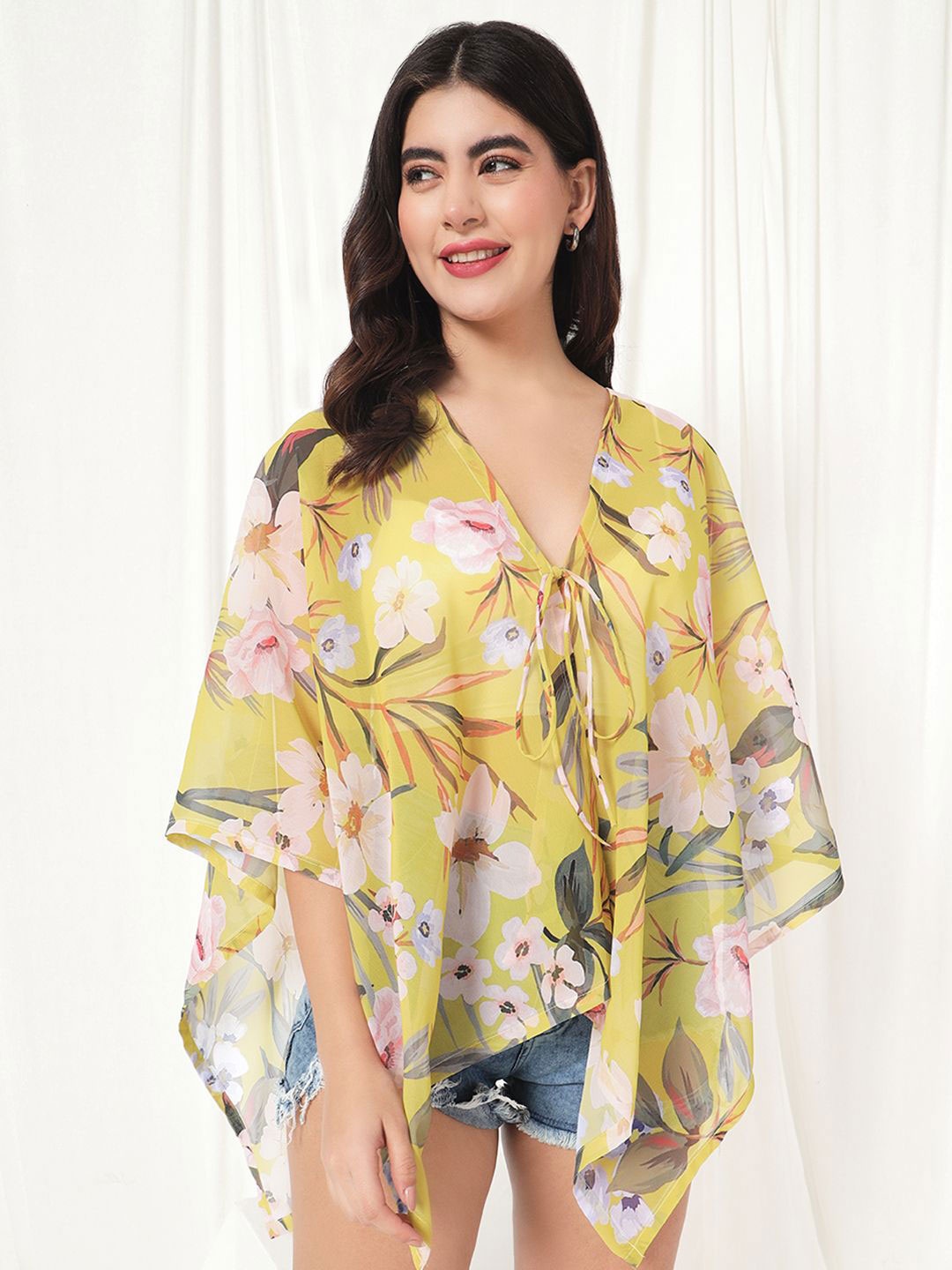 

BAESD Floral Printed V-Neck Tie-Up Shrug, Yellow
