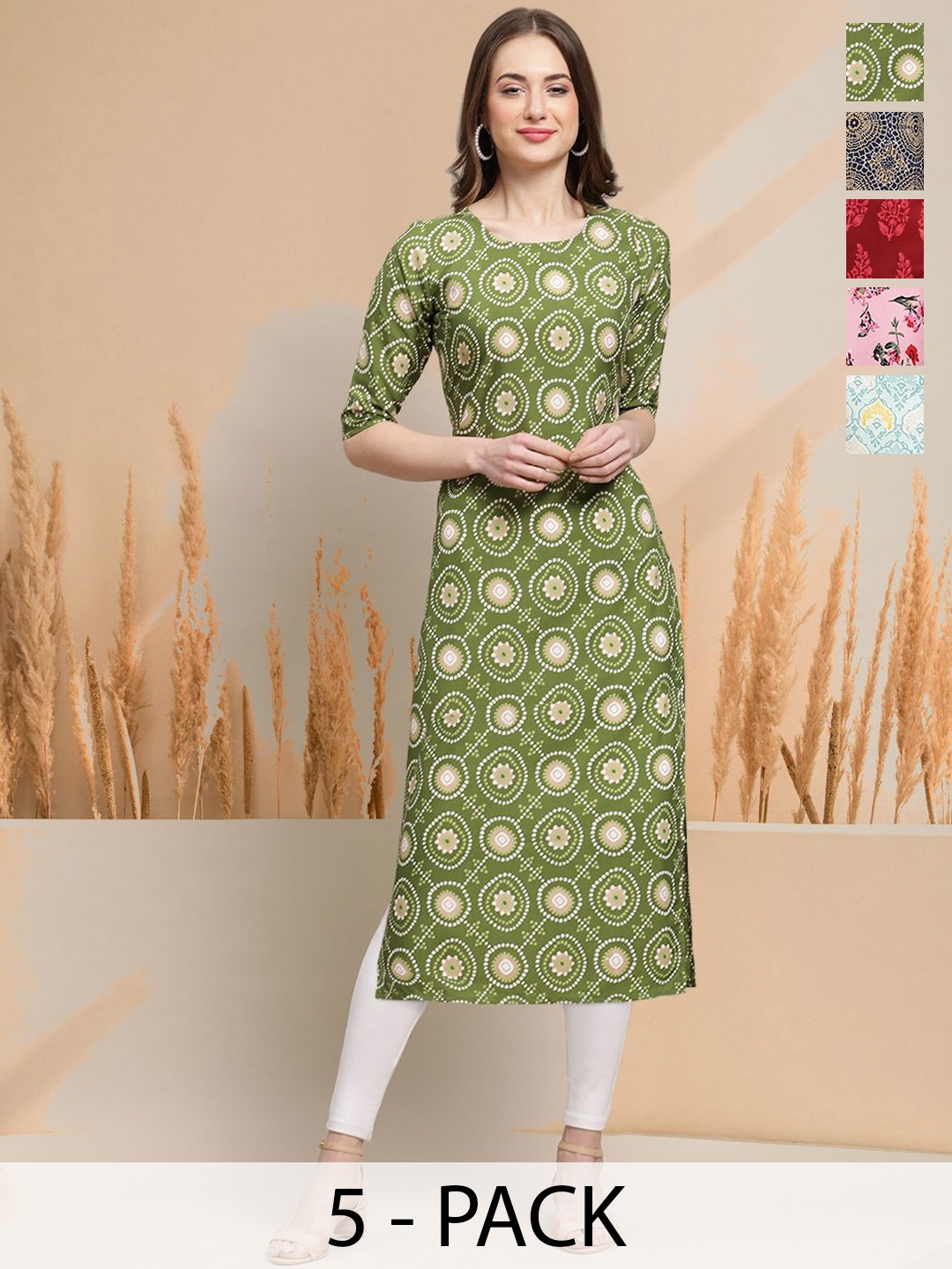 

7Threads Selection of 5 Floral Printed Round Neck Straight Kurtas, Green