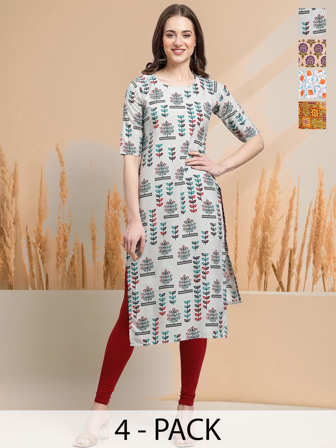 

7Threads Selection Of 4 Floral Printed Round Neck Straight Kurtas, Grey