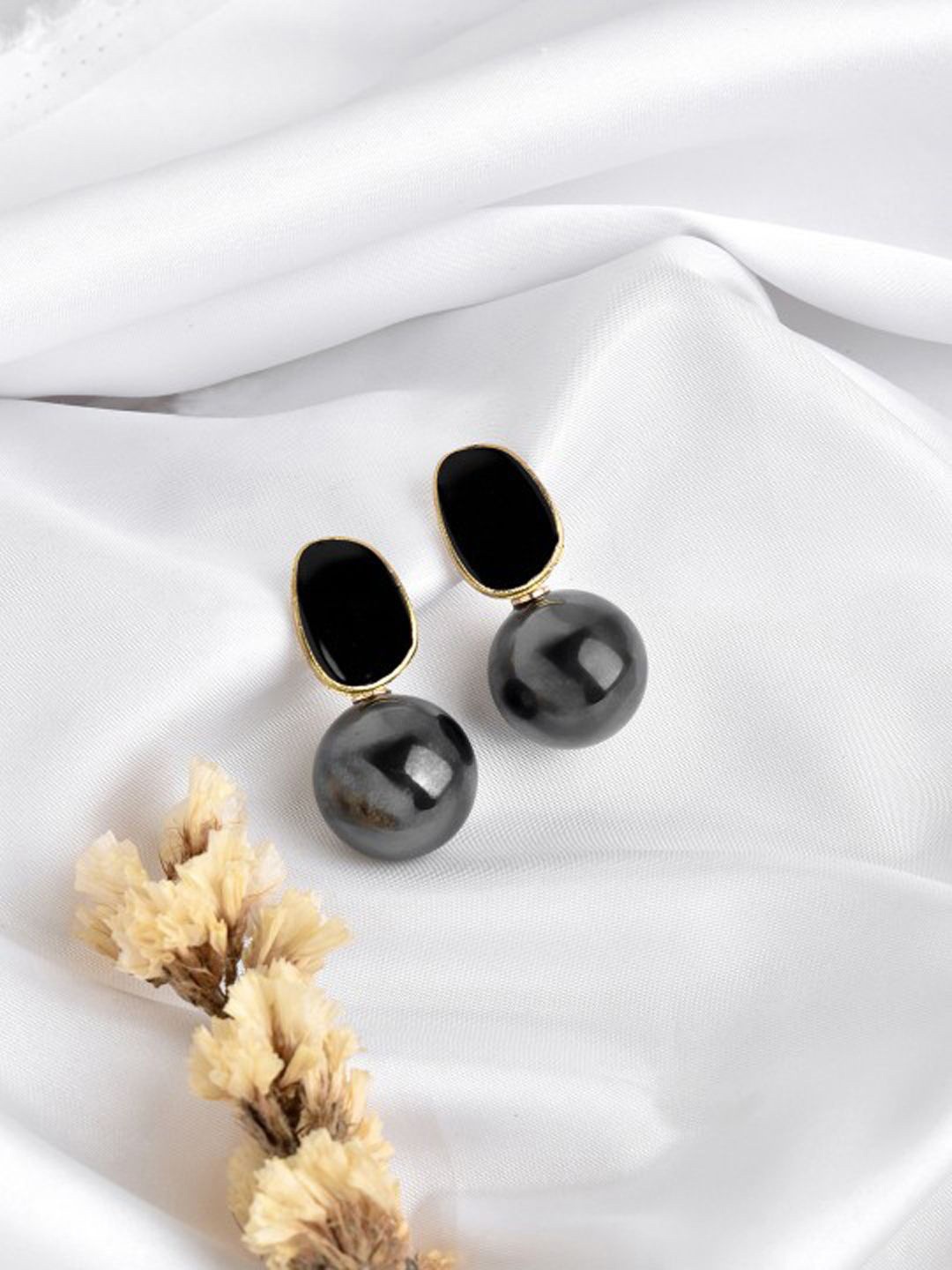 

styledose Stainless Steel Gold-Plated Artificial Pearls Studded Drop Earrings, Black